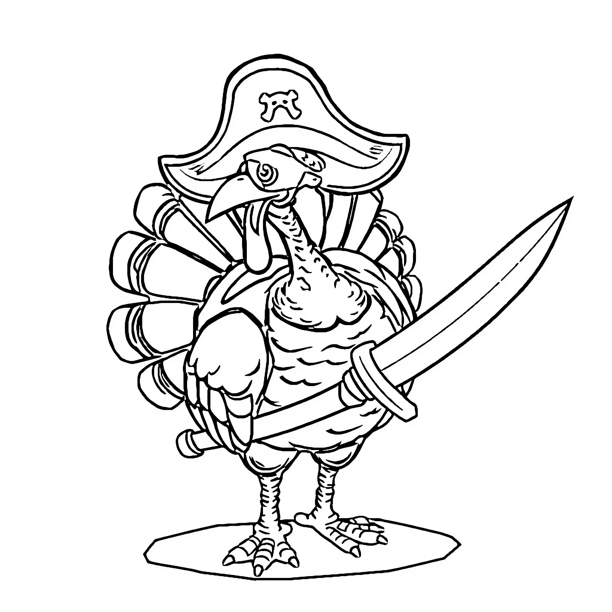 Turkey pirate with sword and feathers Coloring Page (free black-and-white line drawing printable PDF for all, from beginners to advanced learners, including children, teens, adults, and seniors)