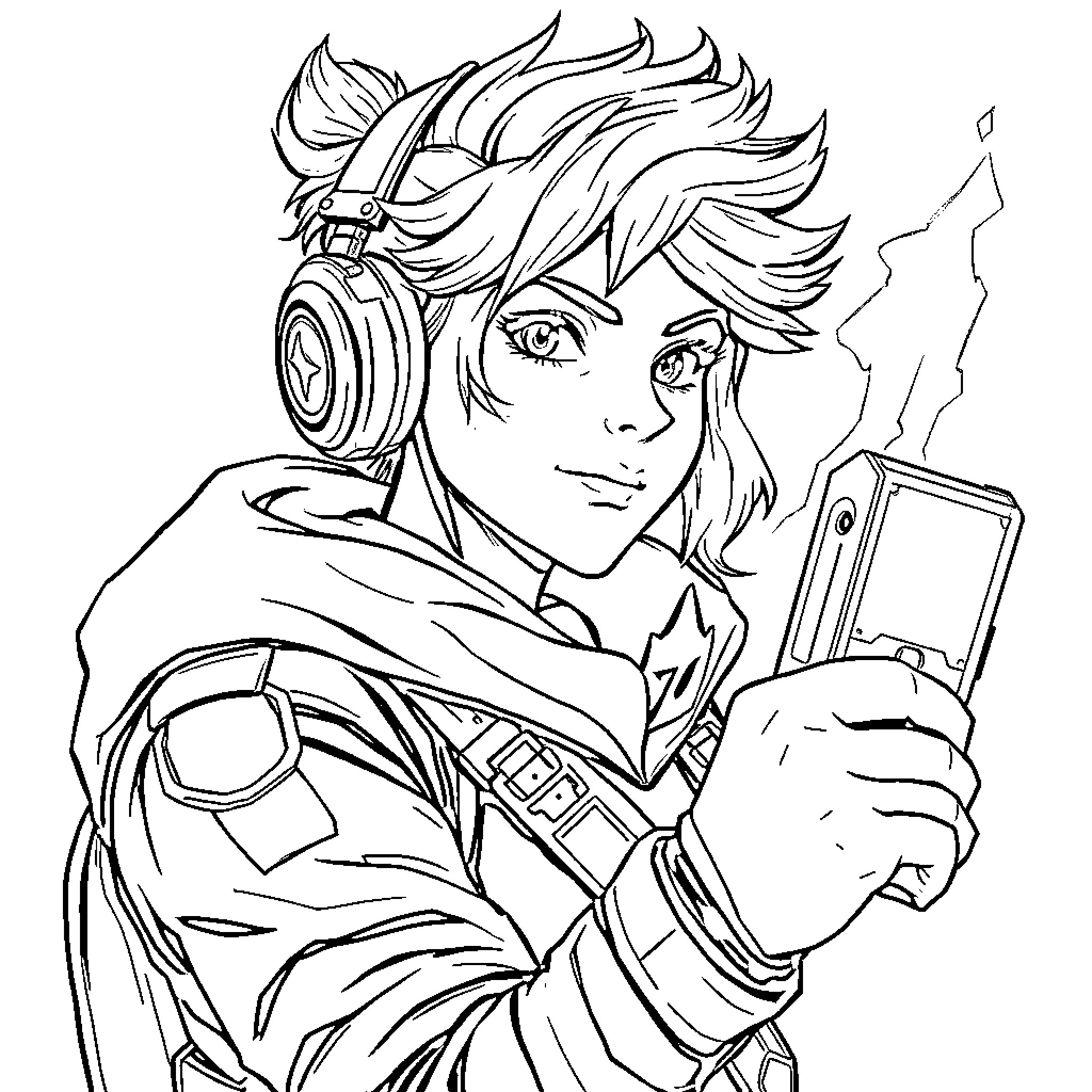 Annie's Futuristic Gamer Adventure Coloring Page (free black-and-white line drawing printable PDF for all, from beginners to advanced learners, including children, teens, adults, and seniors)