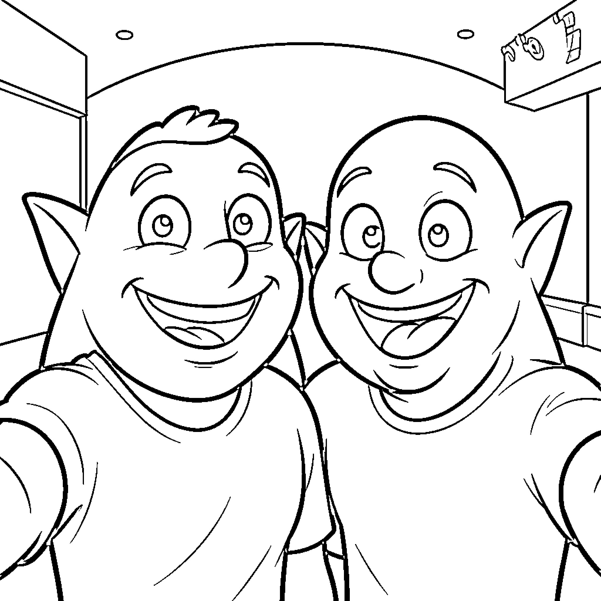 Zig and Sharko characters taking a happy selfie Coloring Page (free black-and-white line drawing printable PDF for all, from beginners to advanced learners, including children, teens, adults, and seniors)