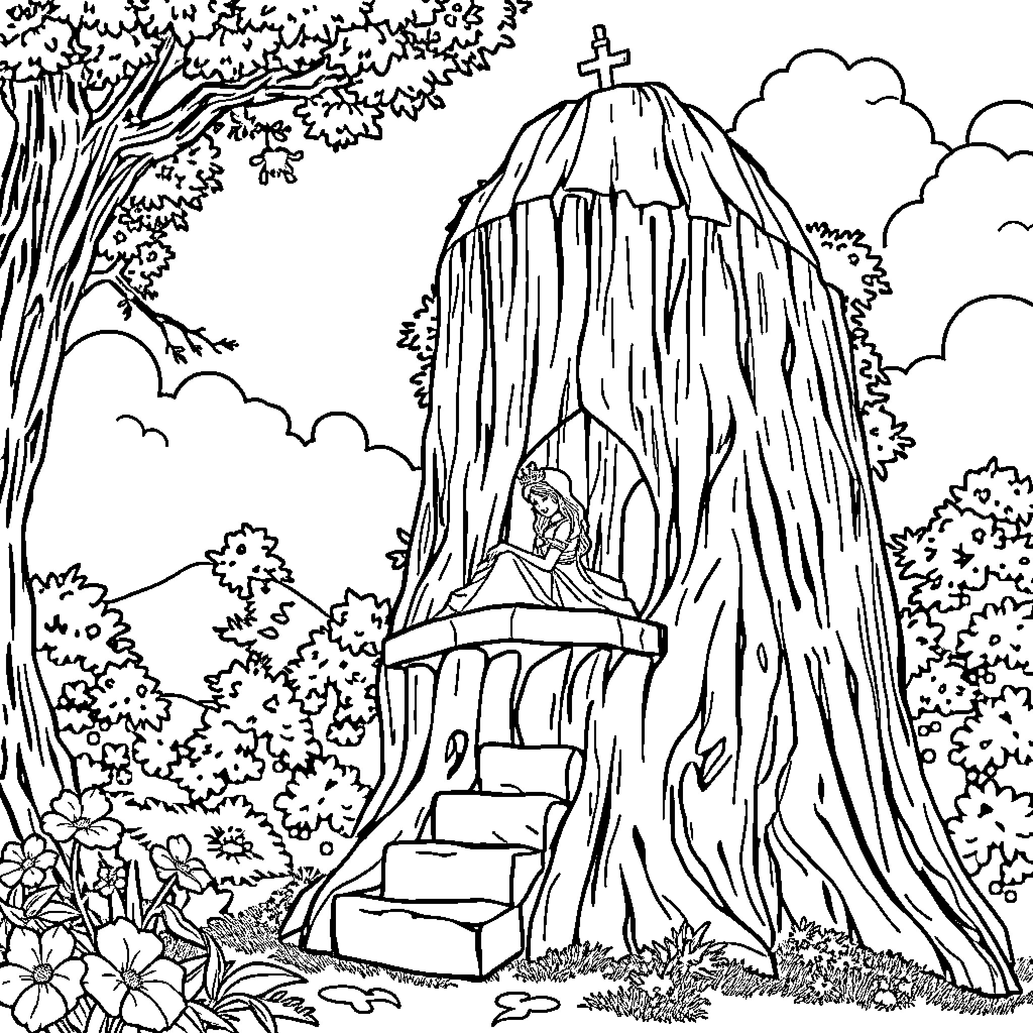 Princess in a forest grotto with a cross Coloring Page (free black-and-white line drawing printable PDF for all, from beginners to advanced learners, including children, teens, adults, and seniors)