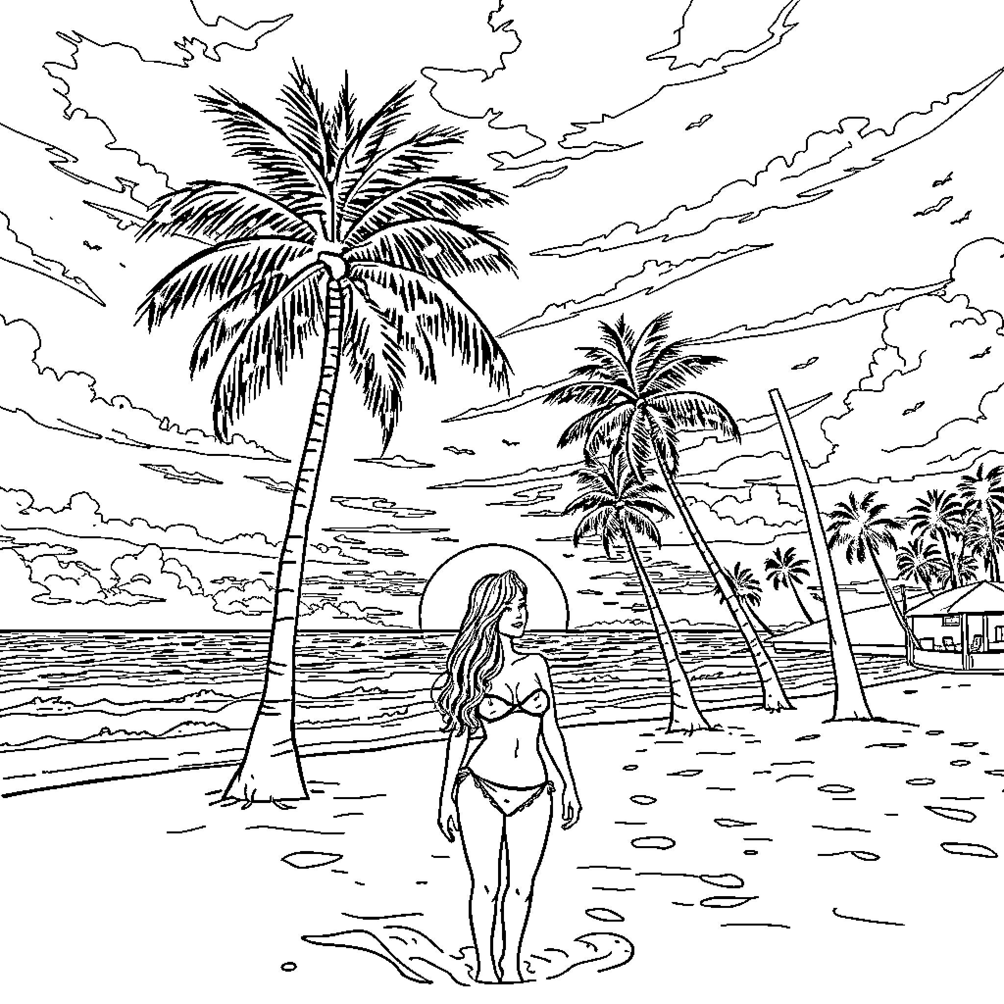 Girl walking on tropical beach with palm trees Coloring Page (free black-and-white line drawing printable PDF for all, from beginners to advanced learners, including children, teens, adults, and seniors)