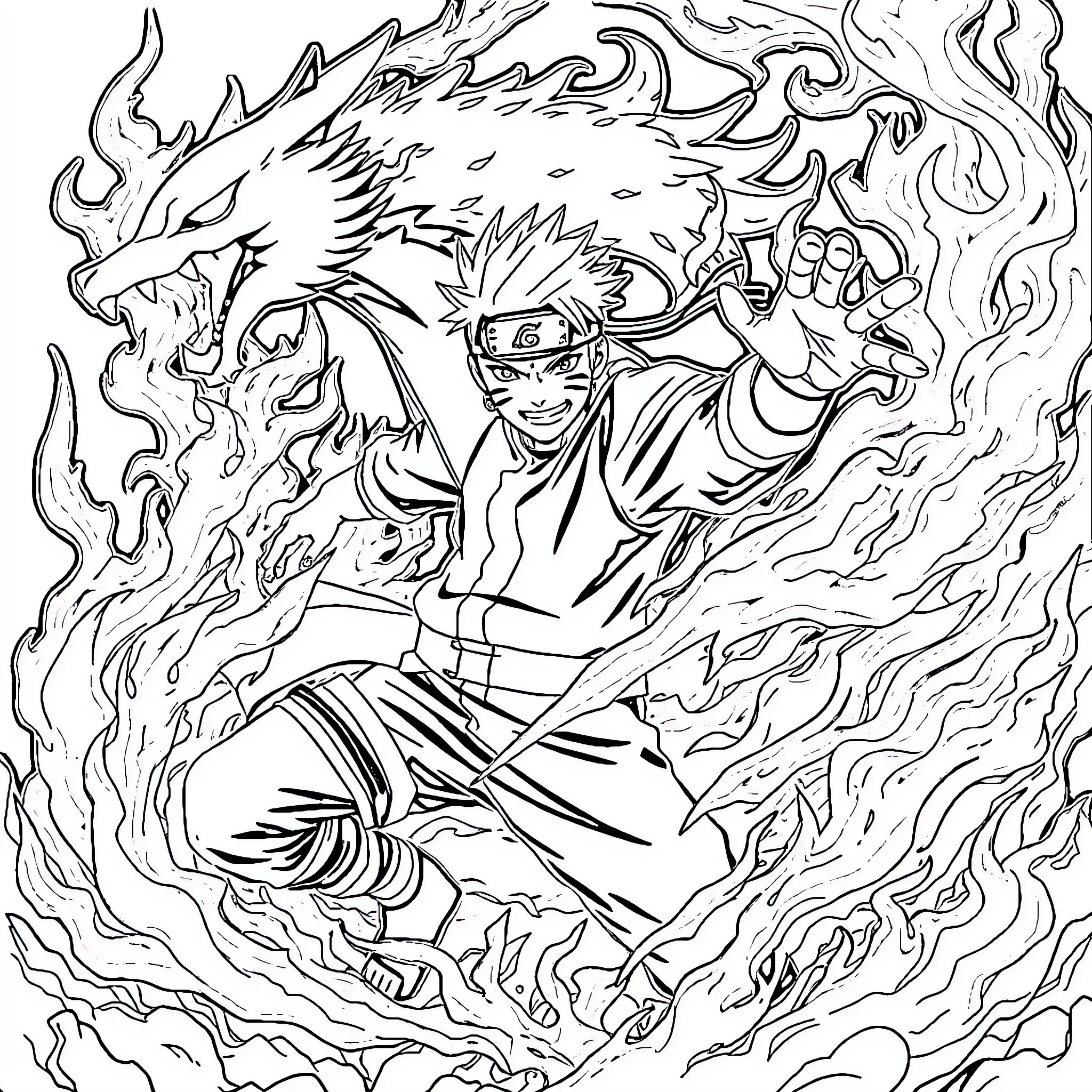 Naruto Unleashing Powerful Chakra and Fierce Dragon Coloring Page (free black-and-white line drawing printable PDF for all, from beginners to advanced learners, including children, teens, adults, and seniors)