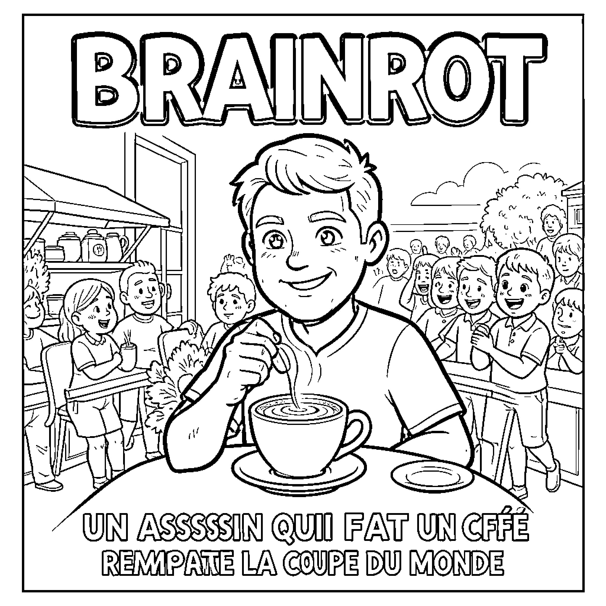 Assassin smiling while stirring a cup of coffee Coloring Page (free black-and-white line drawing printable PDF for all, from beginners to advanced learners, including children, teens, adults, and seniors)