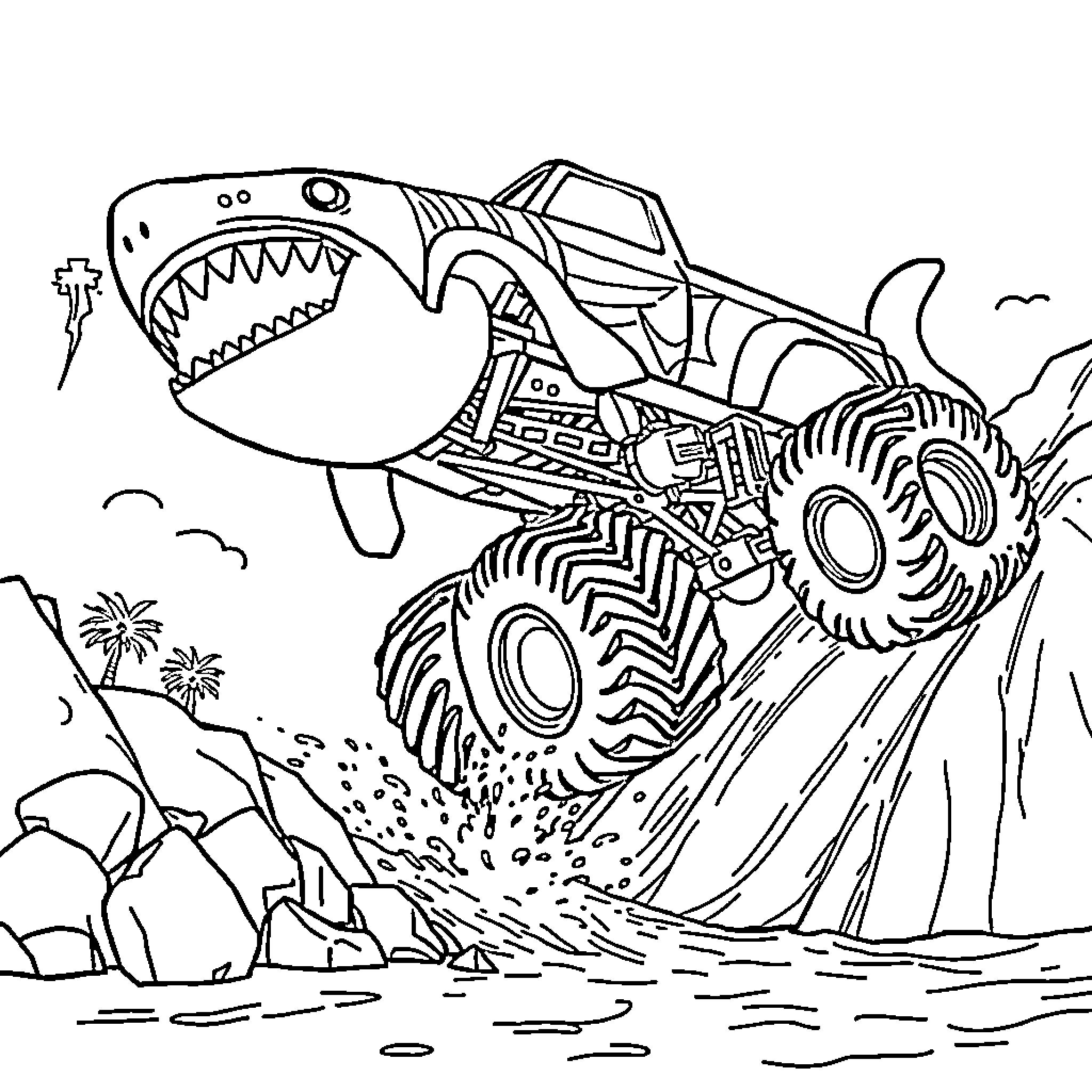 Megalodon Monster Truck Crushing Obstacles Coloring Page (free black-and-white line drawing printable PDF for all, from beginners to advanced learners, including children, teens, adults, and seniors)