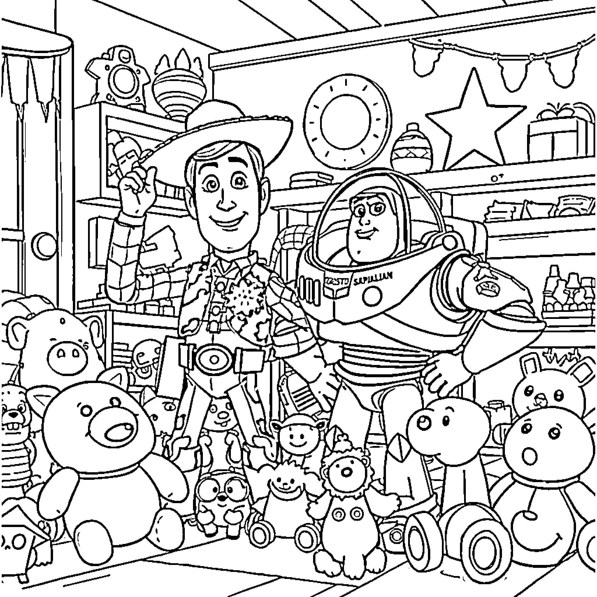 Toy characters in a crowded playroom Coloring Page (free black-and-white line drawing printable PDF for all, from beginners to advanced learners, including children, teens, adults, and seniors)