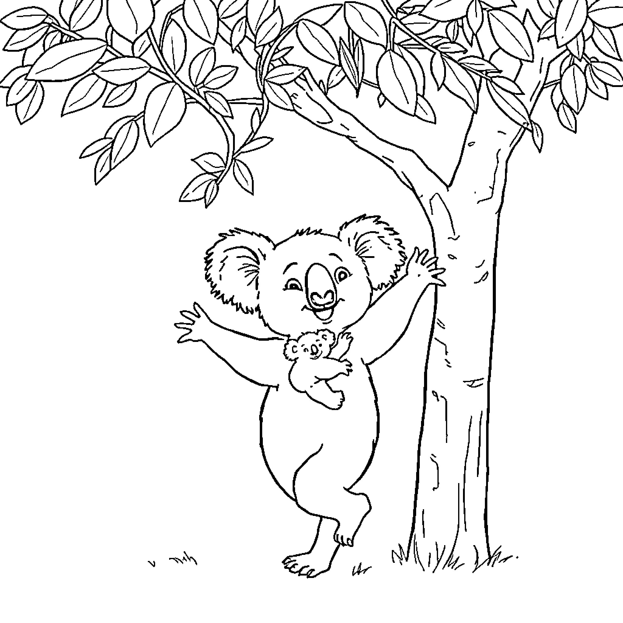 Koala climbing on a tree branch Coloring Page (free black-and-white line drawing printable PDF for all, from beginners to advanced learners, including children, teens, adults, and seniors)