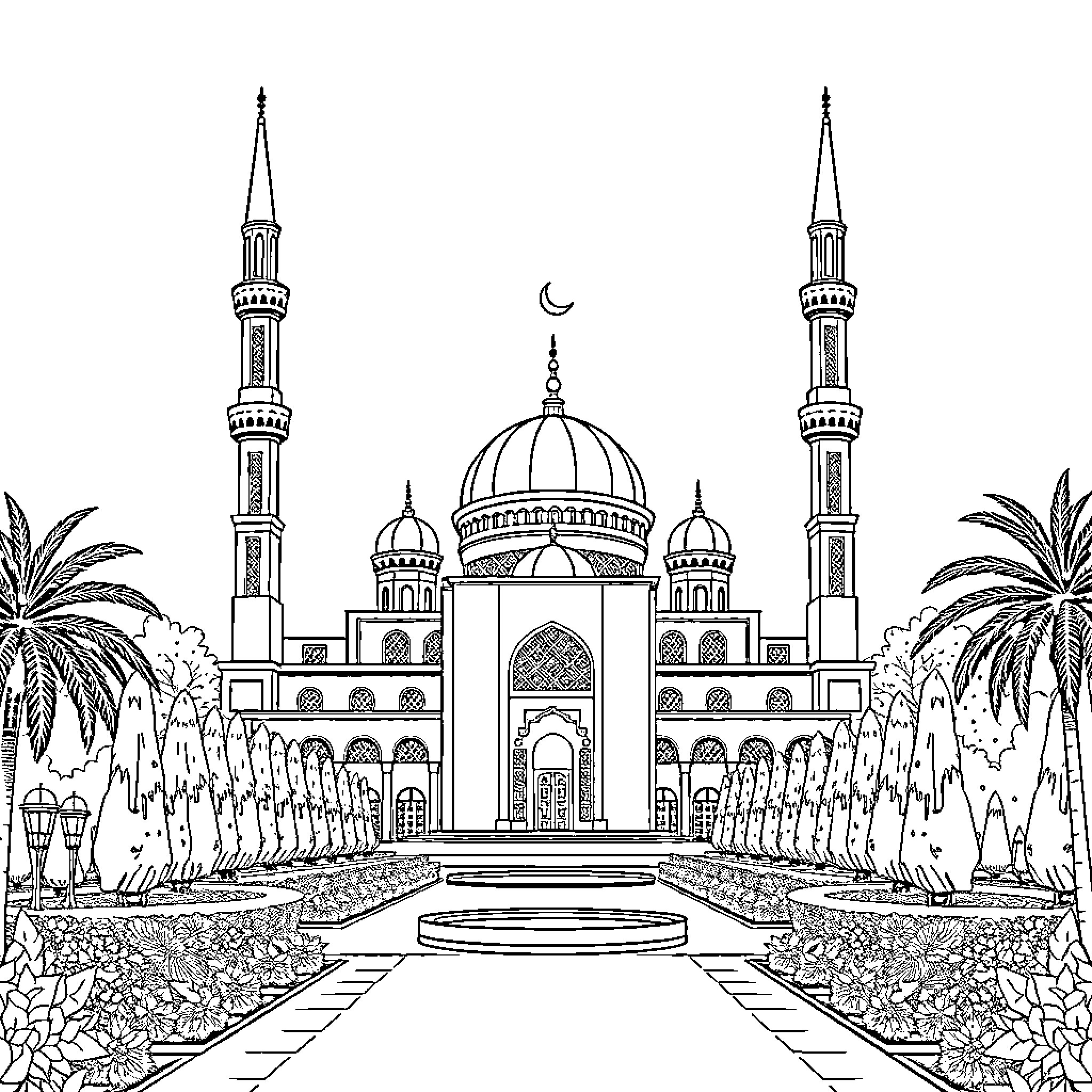 Masjid with intricate architectural details and surrounding palm trees Coloring Page (free black-and-white line drawing printable PDF for all, from beginners to advanced learners, including children, teens, adults, and seniors)