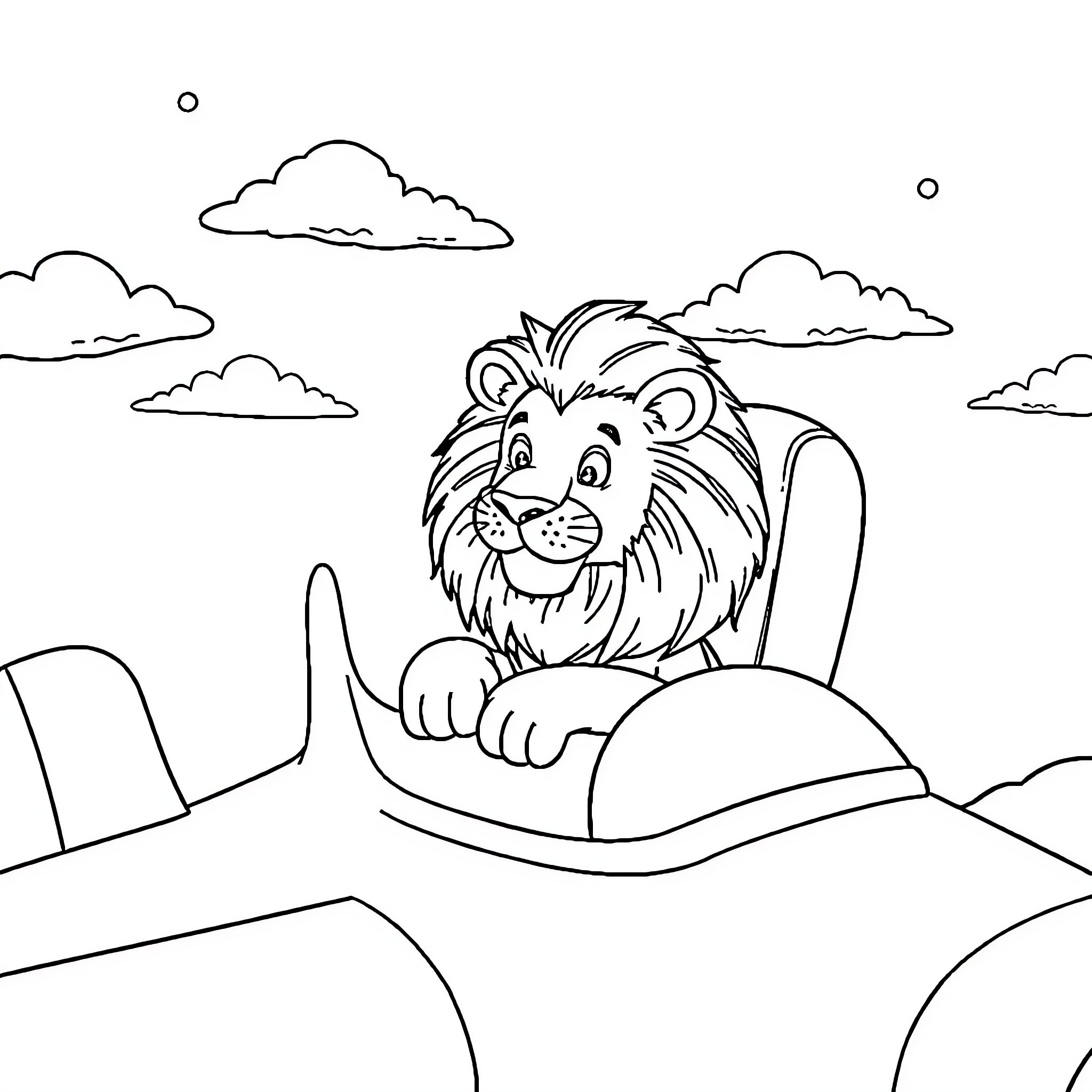 Lion exploring the landscape Coloring Page (free black-and-white line drawing printable PDF for all, from beginners to advanced learners, including children, teens, adults, and seniors)