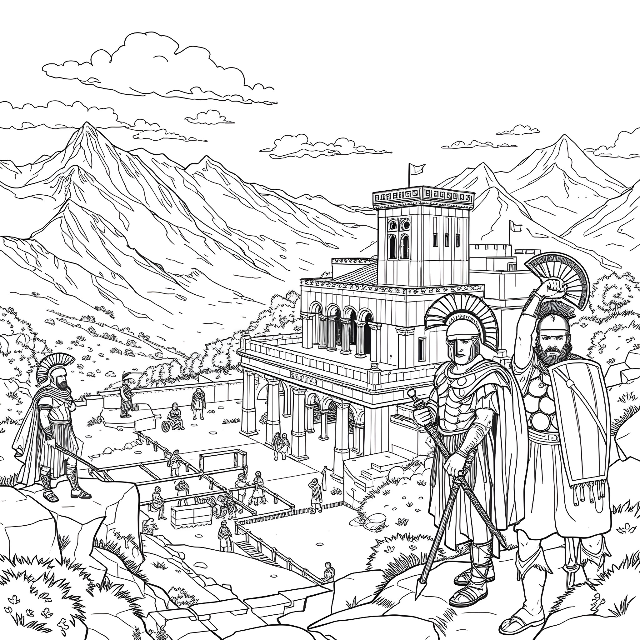 Sparta's Warrior Rulers and Majestic Mountain Fortress Coloring Page (free black-and-white line drawing printable PDF for all, from beginners to advanced learners, including children, teens, adults, and seniors)