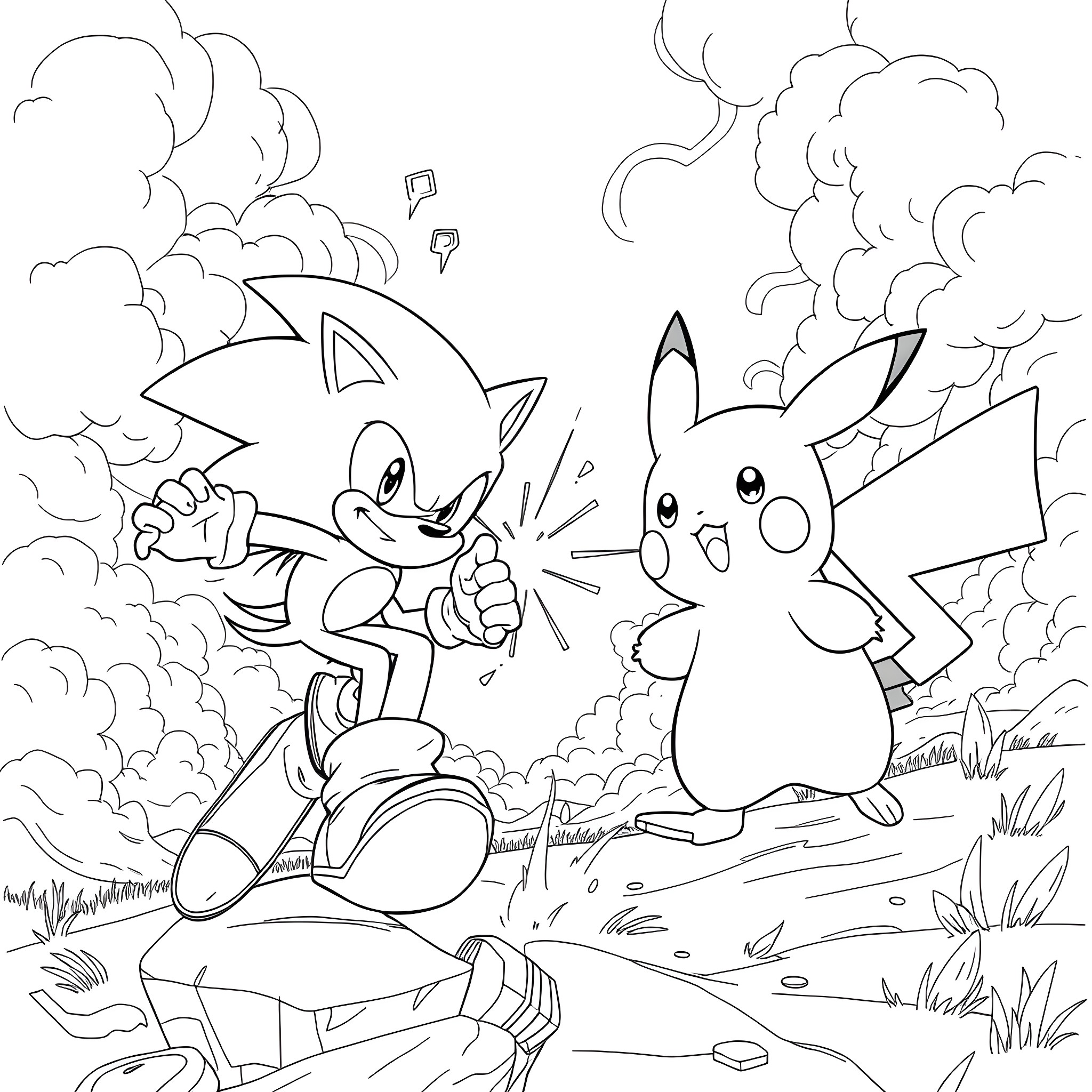 Sonic and Pikachu in an action-packed adventure Coloring Page (free black-and-white line drawing printable PDF for all, from beginners to advanced learners, including children, teens, adults, and seniors)