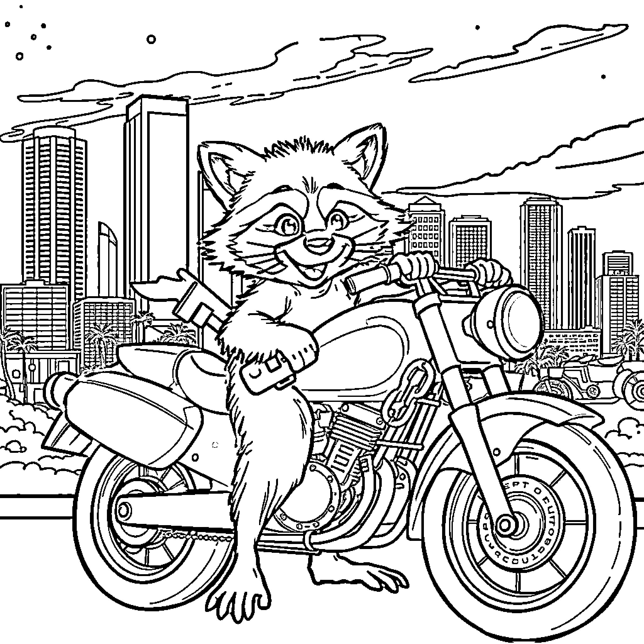 Raccoon Riding Motorcycle through Cityscape Coloring Page (free black-and-white line drawing printable PDF for all, from beginners to advanced learners, including children, teens, adults, and seniors)