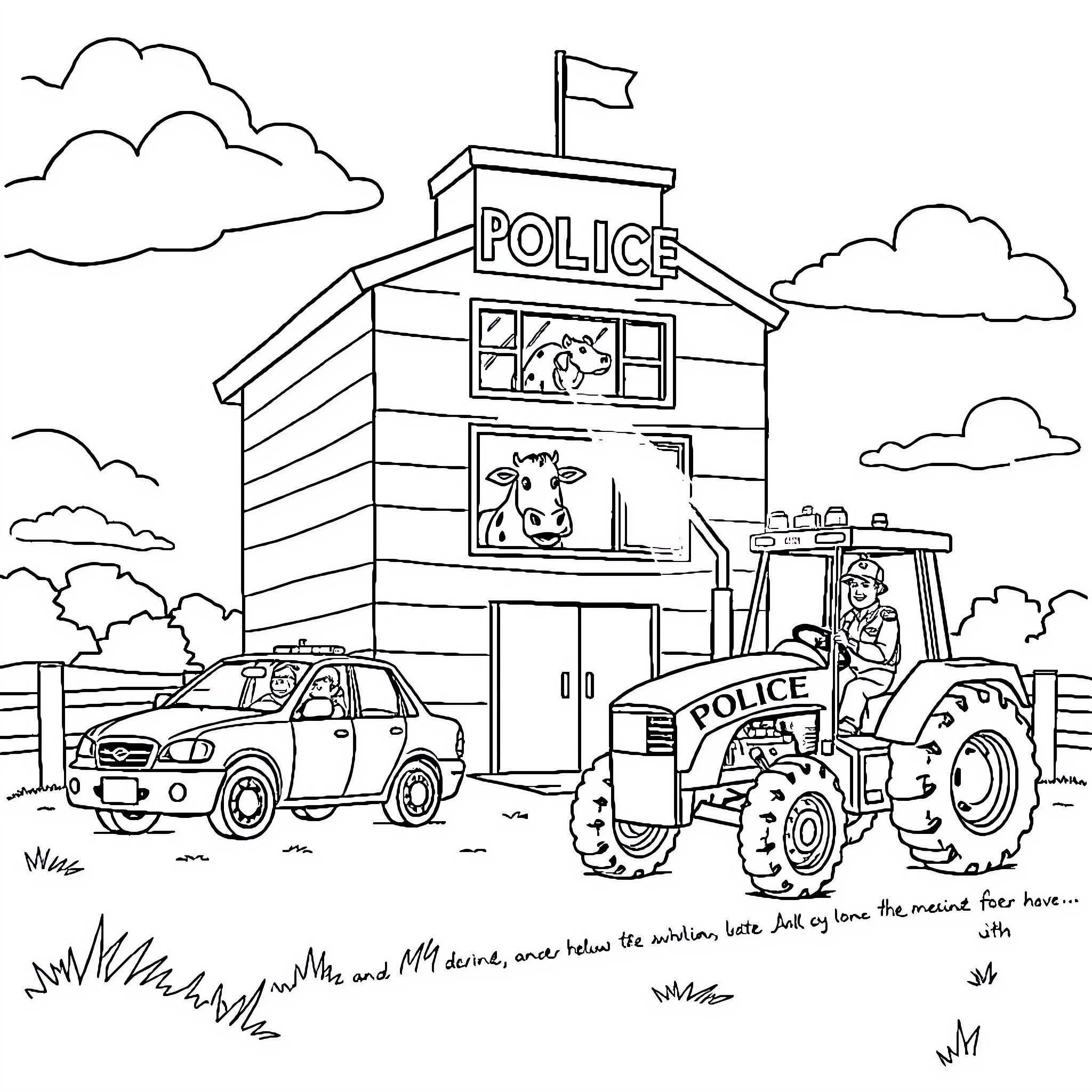 Cow police station and tractor on patrol Coloring Page (free black-and-white line drawing printable PDF for all, from beginners to advanced learners, including children, teens, adults, and seniors)
