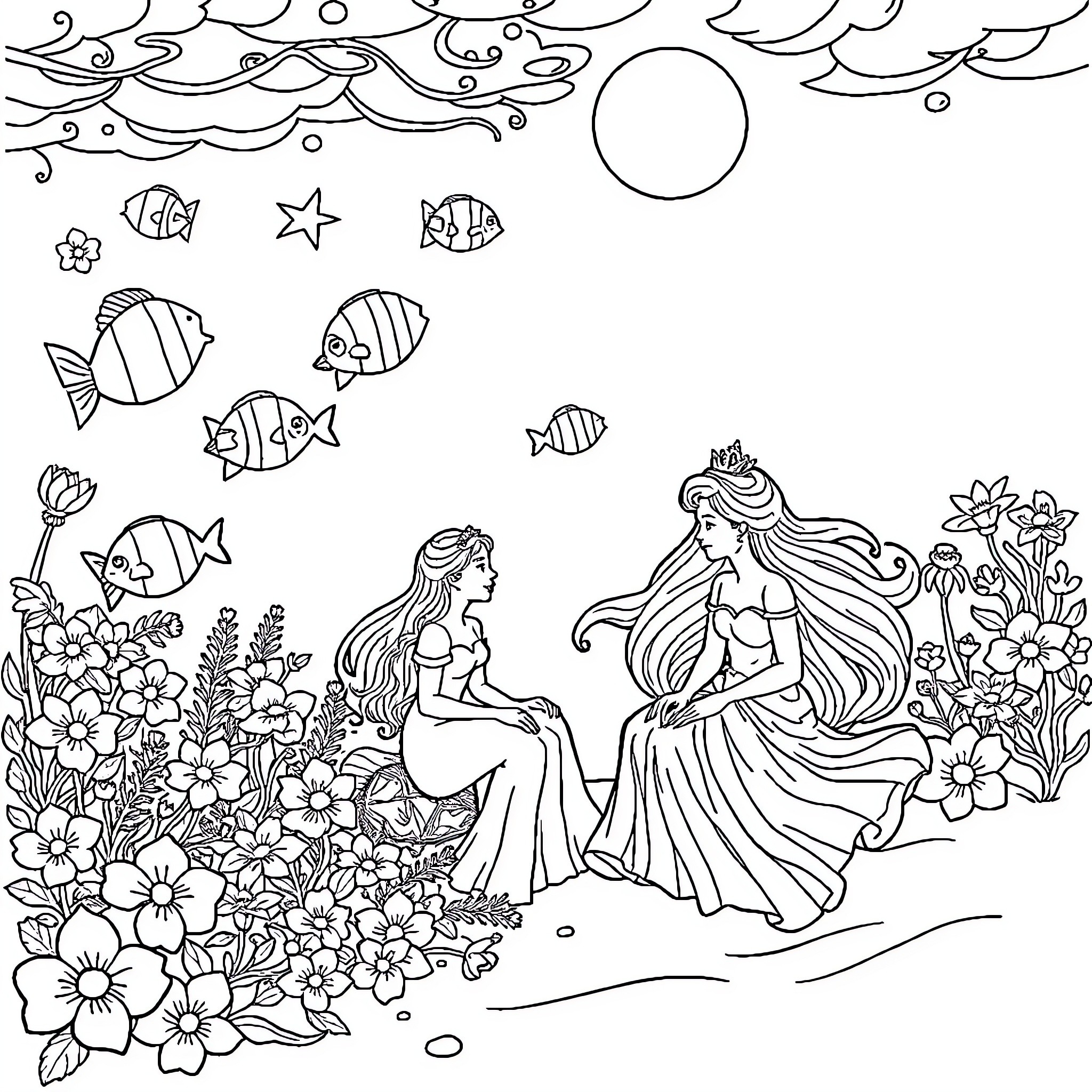 Fish and Mermaids in Underwater Garden Coloring Page (free black-and-white line drawing printable PDF for all, from beginners to advanced learners, including children, teens, adults, and seniors)