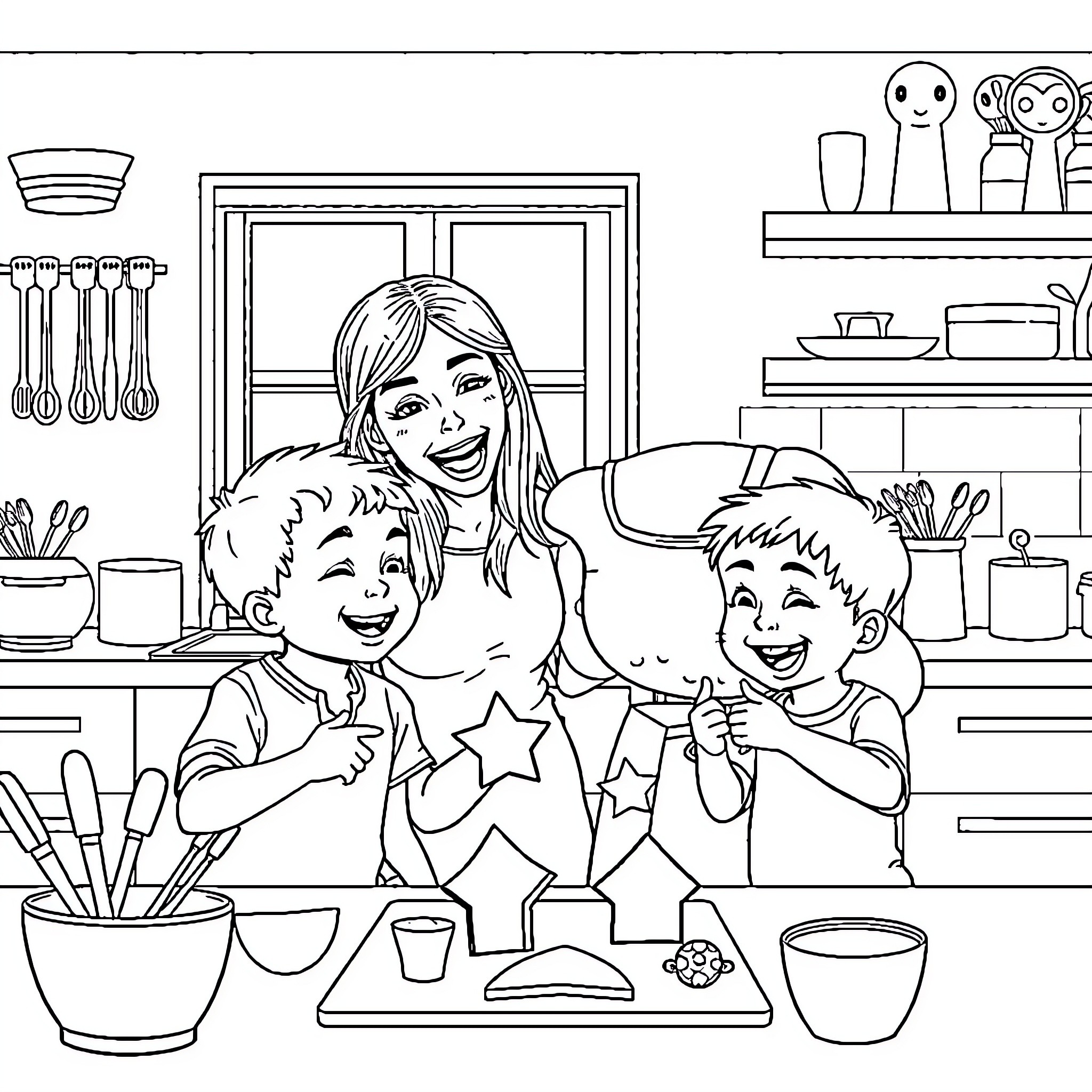 Kid having fun with family in the kitchen Coloring Page (free black-and-white line drawing printable PDF for all, from beginners to advanced learners, including children, teens, adults, and seniors)