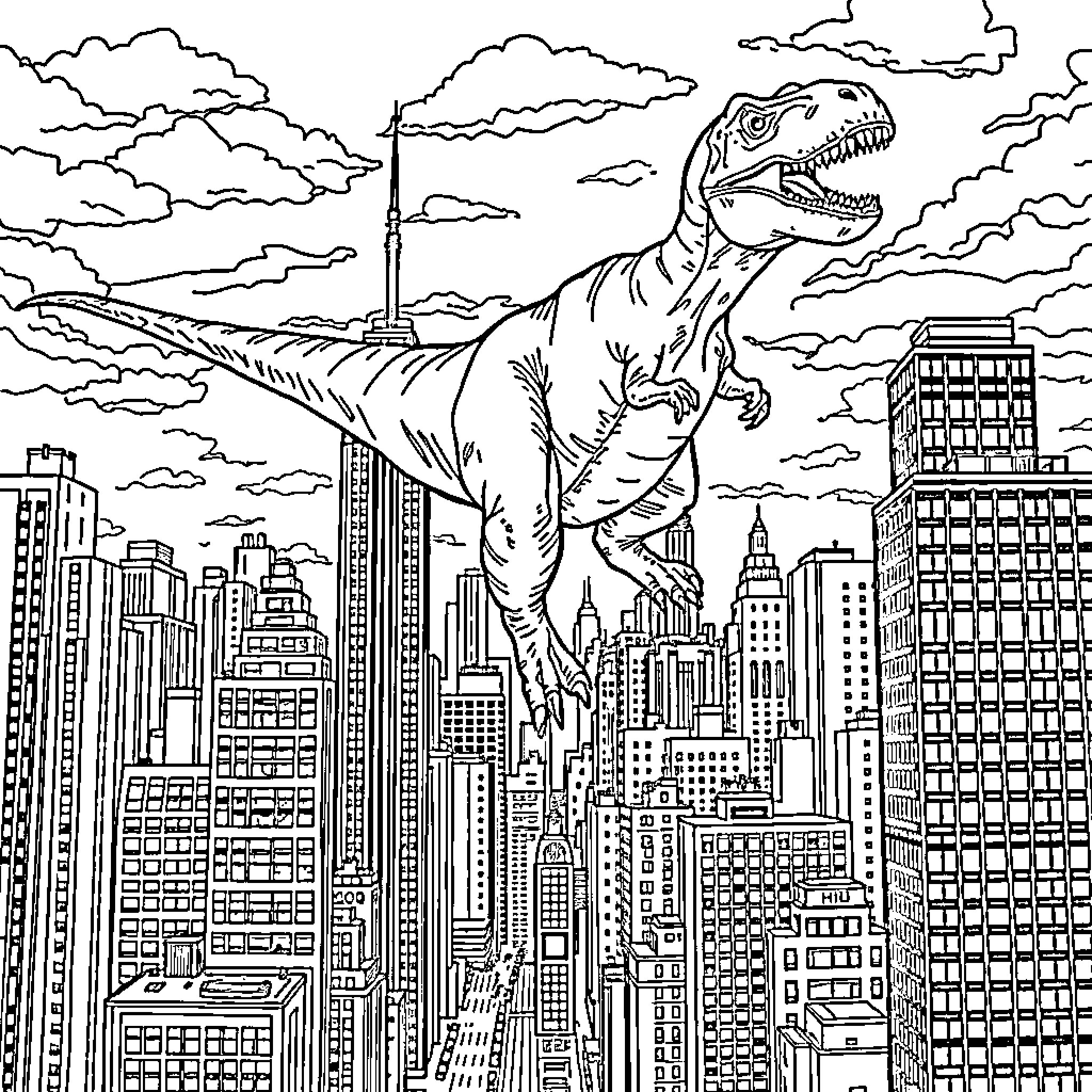 Dinosaur Rampaging Through Towering Cityscape Coloring Page (free black-and-white line drawing printable PDF for all, from beginners to advanced learners, including children, teens, adults, and seniors)