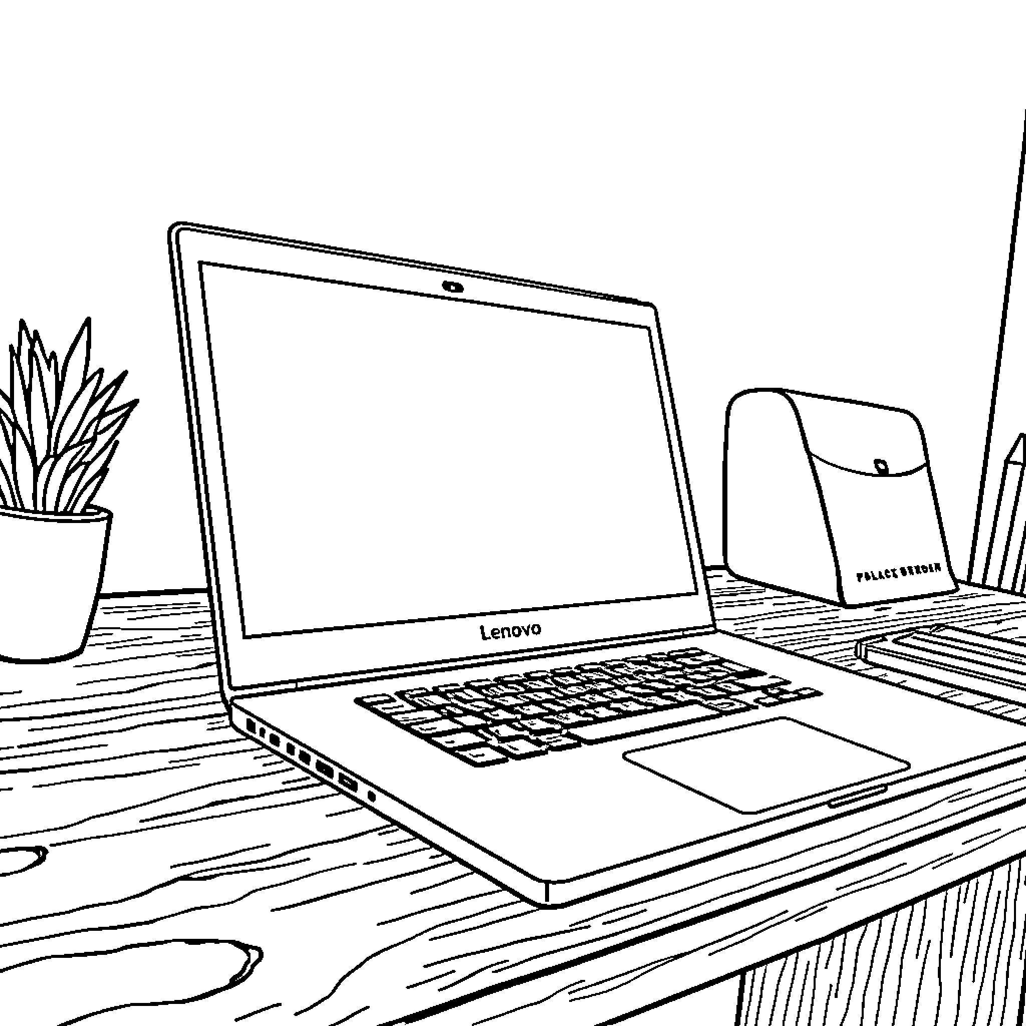 Lenovo laptop on a wooden desk with office supplies Coloring Page (free black-and-white line drawing printable PDF for all, from beginners to advanced learners, including children, teens, adults, and seniors)