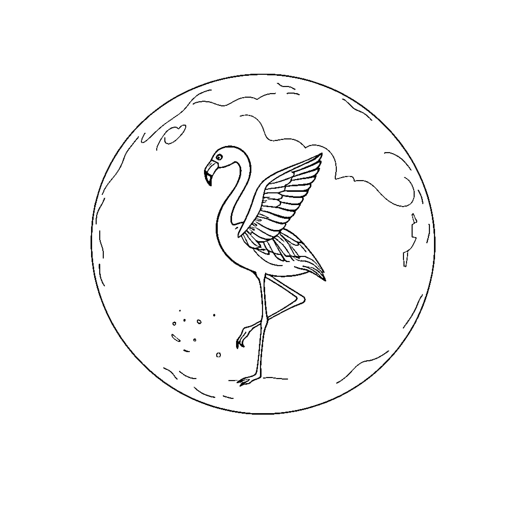 Flamingo gracefully standing in nature Coloring Page (free black-and-white line drawing printable PDF for all, from beginners to advanced learners, including children, teens, adults, and seniors)