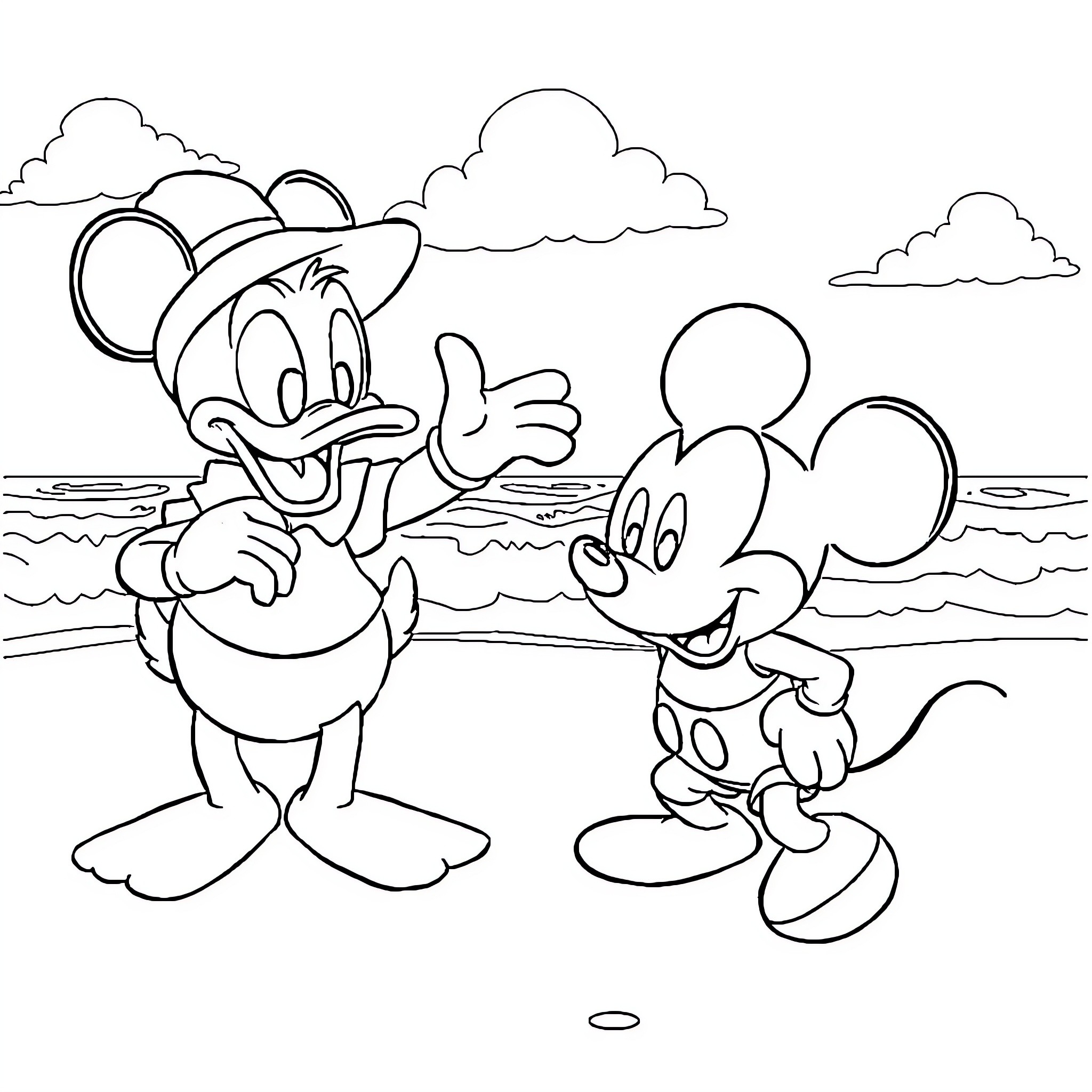 Donald Duck and Mickey Mouse enjoying a beach day Coloring Page (free black-and-white line drawing printable PDF for all, from beginners to advanced learners, including children, teens, adults, and seniors)