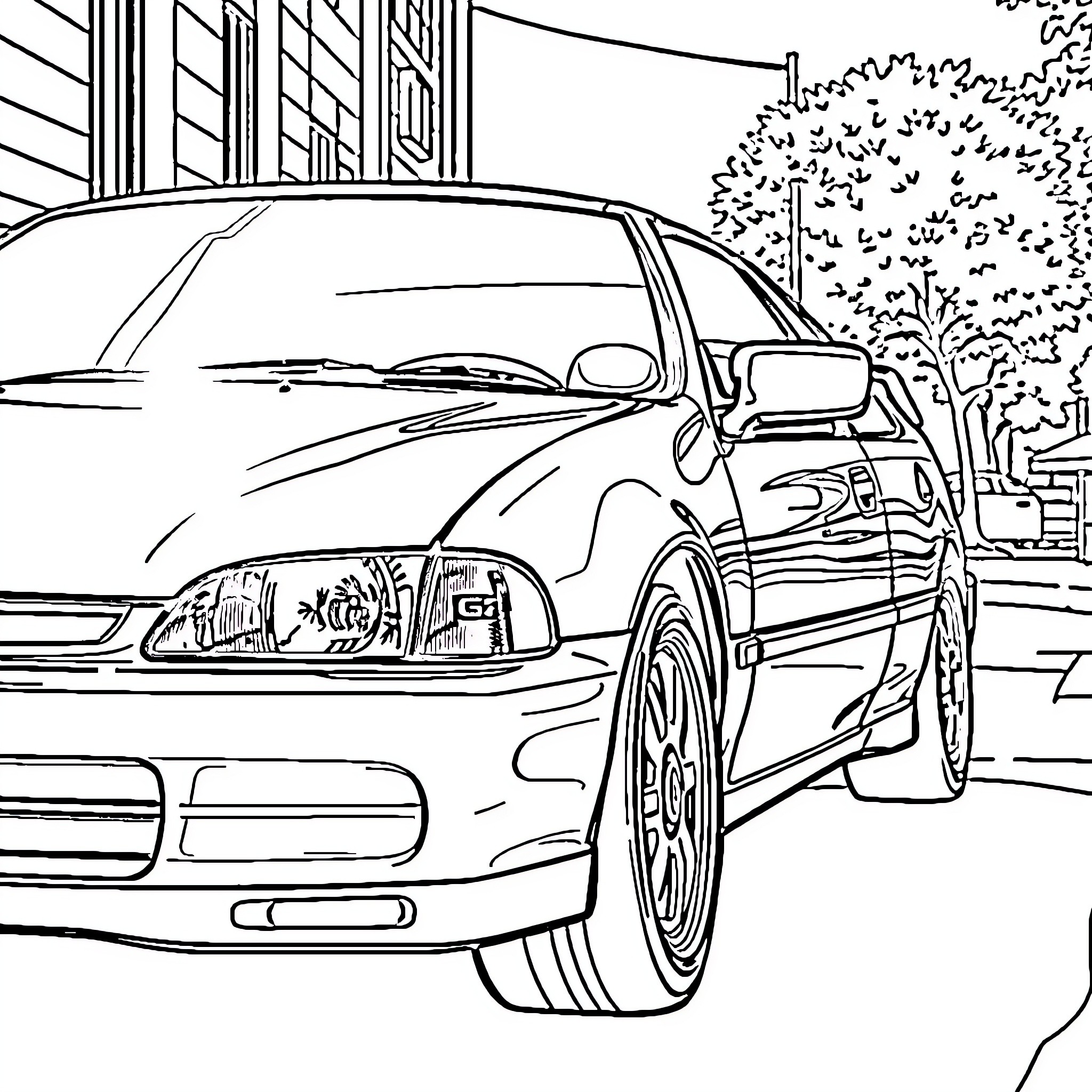 Honda sports car in urban setting Coloring Page (free black-and-white line drawing printable PDF for all, from beginners to advanced learners, including children, teens, adults, and seniors)