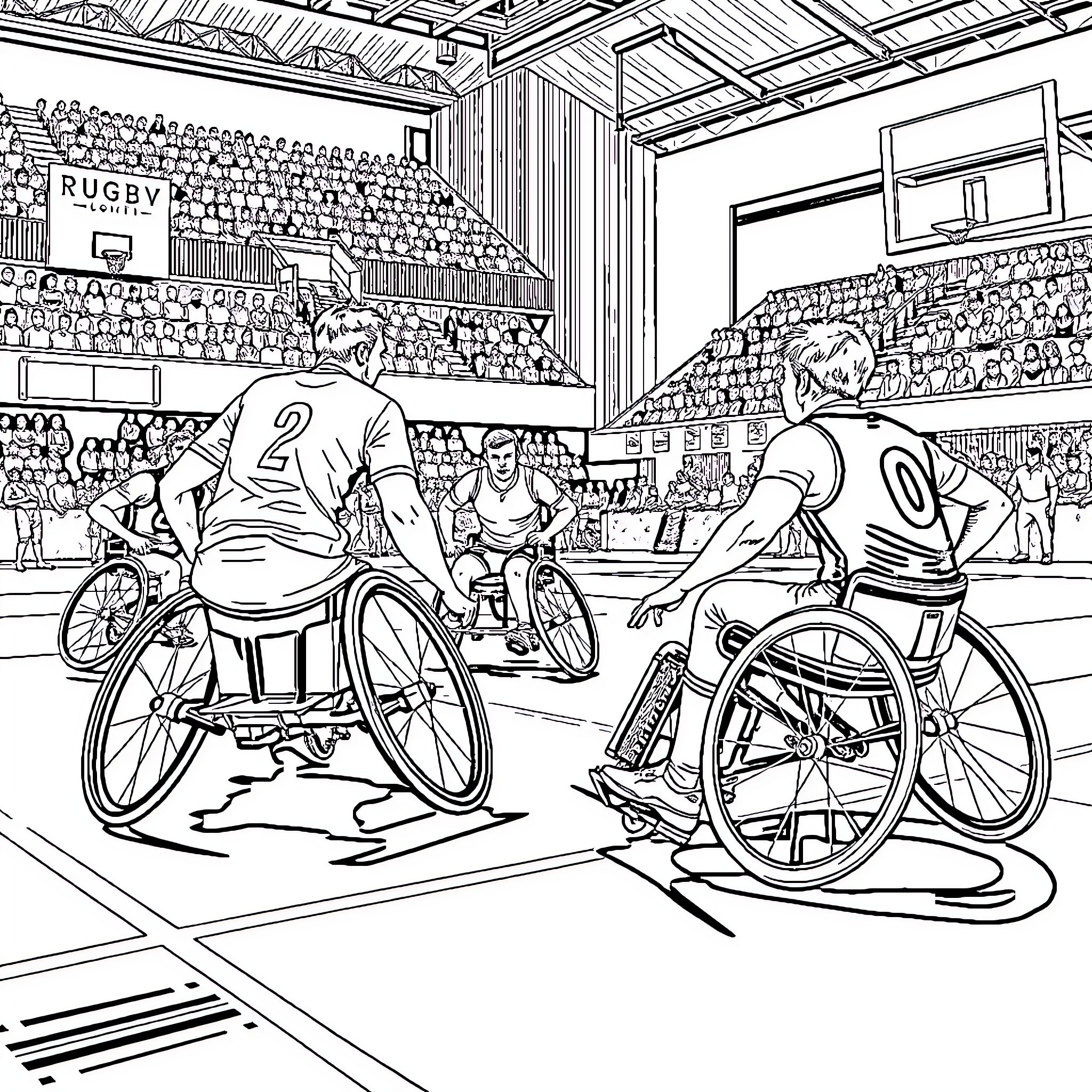 Wheelchair Rugby Players in Action on the Court Coloring Page (free black-and-white line drawing printable PDF for all, from beginners to advanced learners, including children, teens, adults, and seniors)