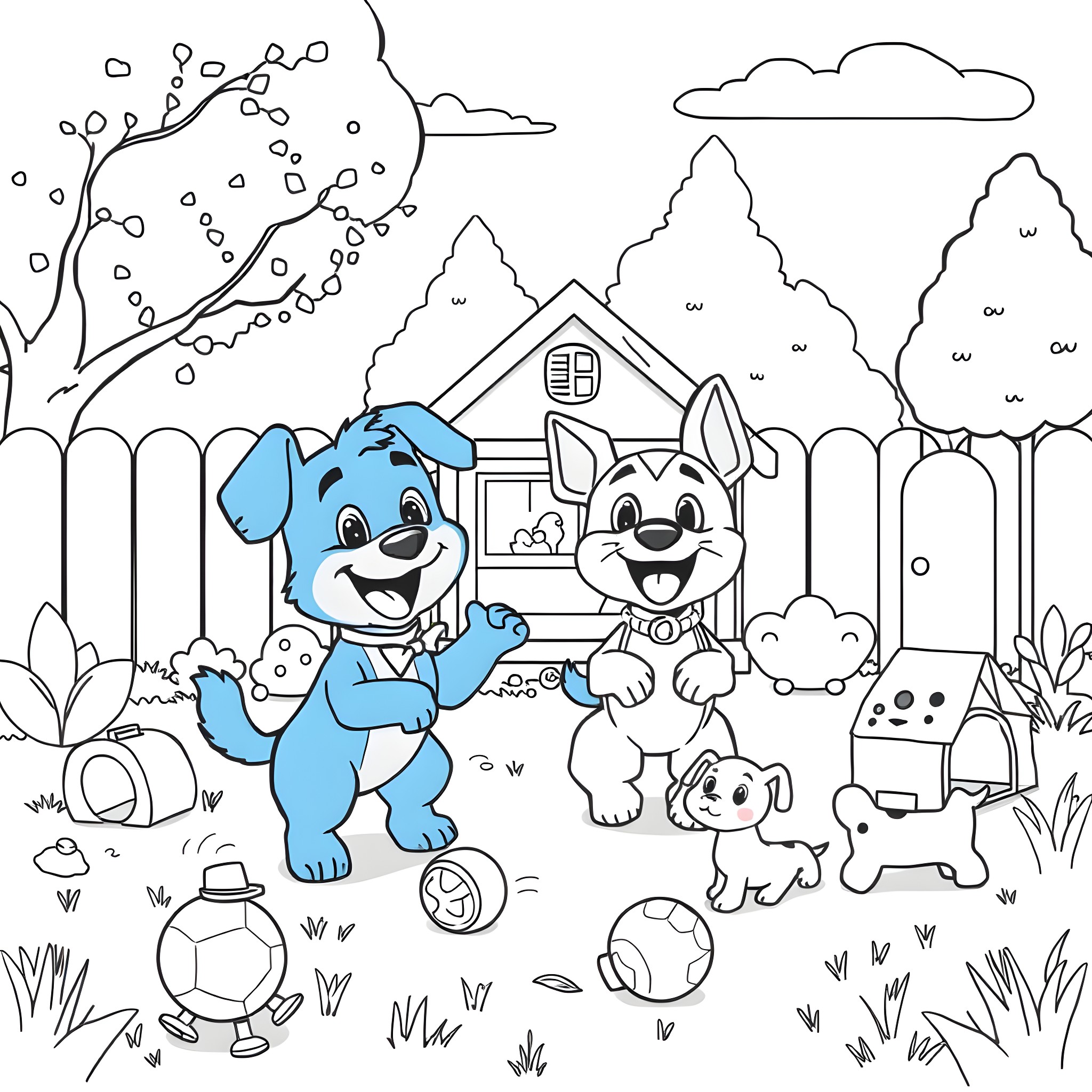 Bluey and Friends Playing in the Backyard Coloring Page (free black-and-white line drawing printable PDF for all, from beginners to advanced learners, including children, teens, adults, and seniors)