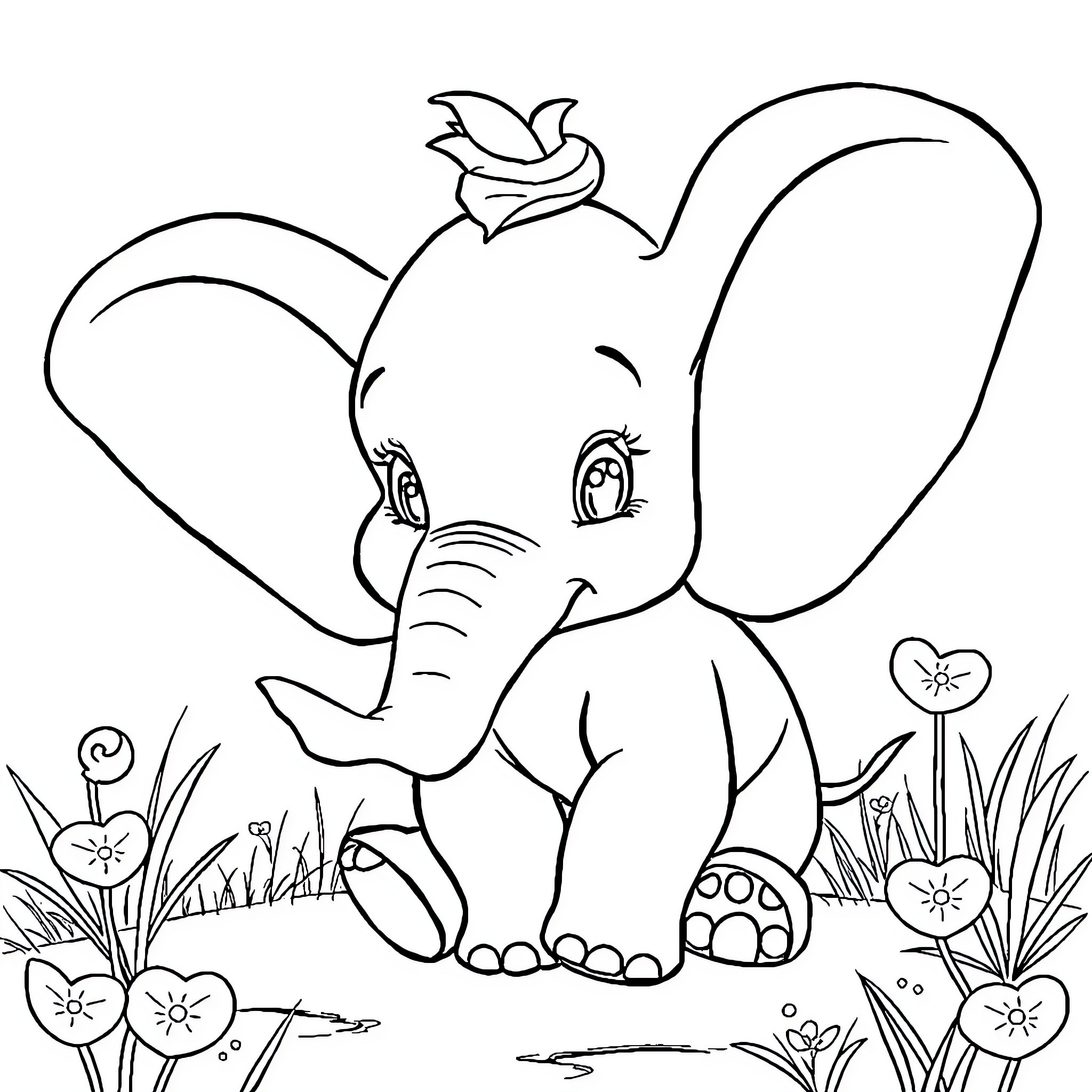Dumbo the playful elephant in a floral garden Coloring Page (free black-and-white line drawing printable PDF for all, from beginners to advanced learners, including children, teens, adults, and seniors)