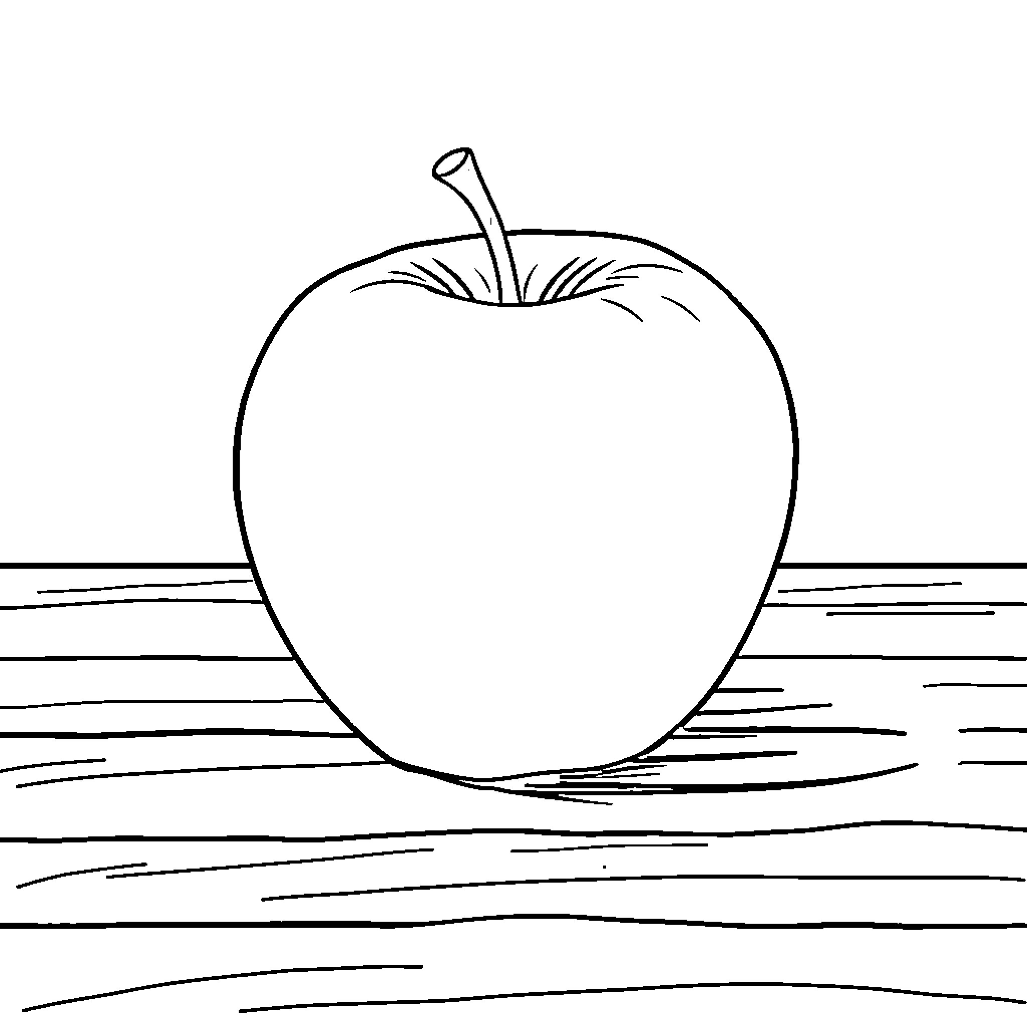 Apple on a wooden surface Coloring Page (free black-and-white line drawing printable PDF for all, from beginners to advanced learners, including children, teens, adults, and seniors)