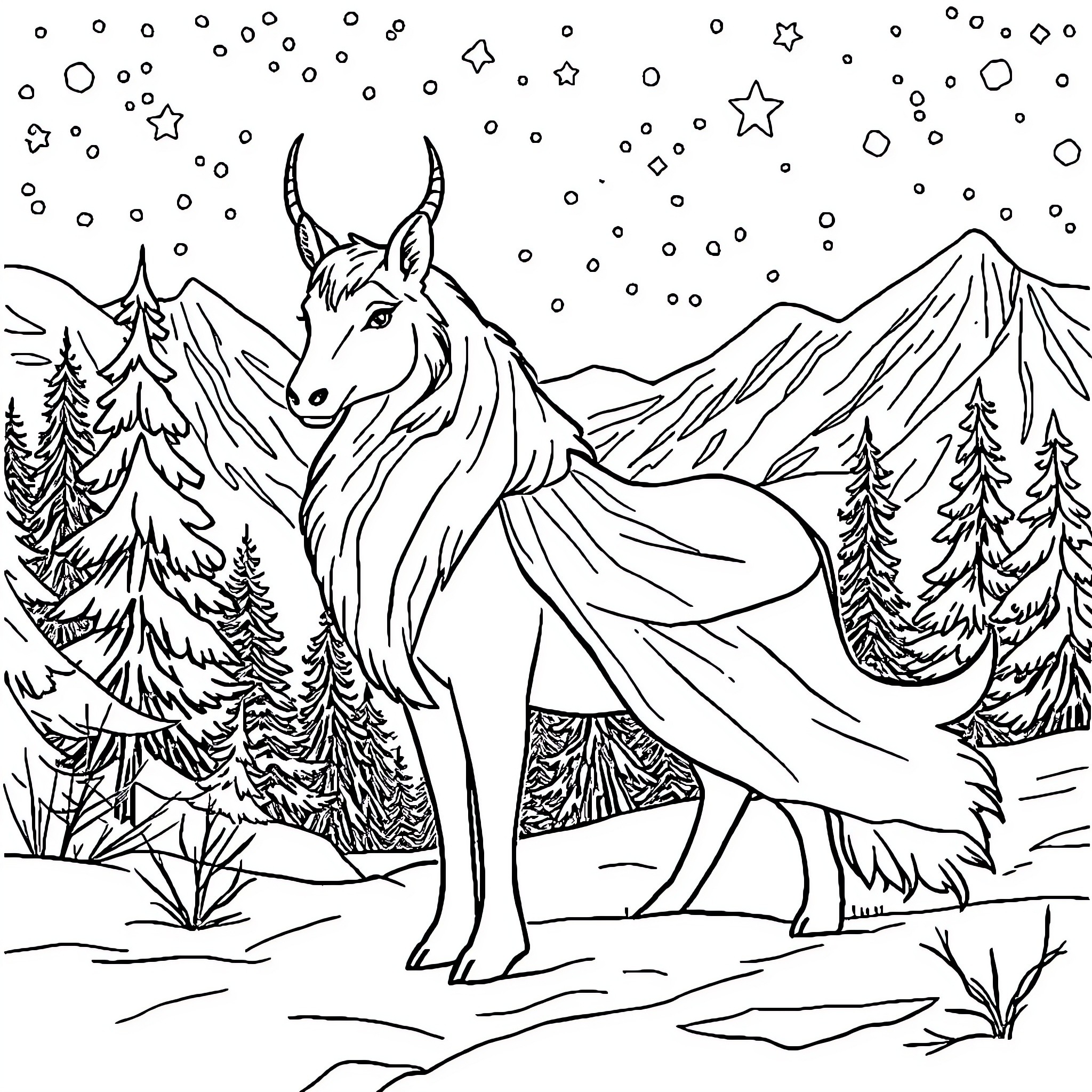Snow Queen's Snowy Enchantment Coloring Page (free black-and-white line drawing printable PDF for all, from beginners to advanced learners, including children, teens, adults, and seniors)