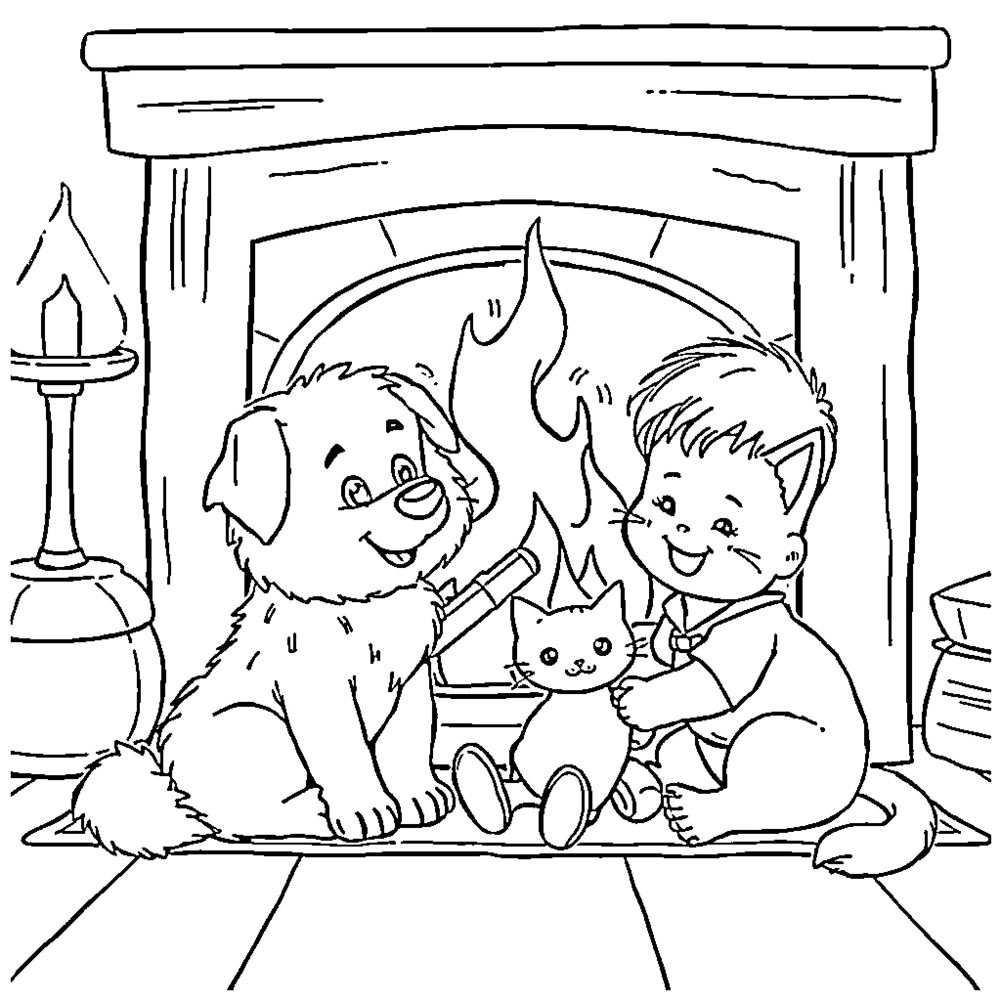 Dog and boy playing by the fireplace Coloring Page (free black-and-white line drawing printable PDF for all, from beginners to advanced learners, including children, teens, adults, and seniors)