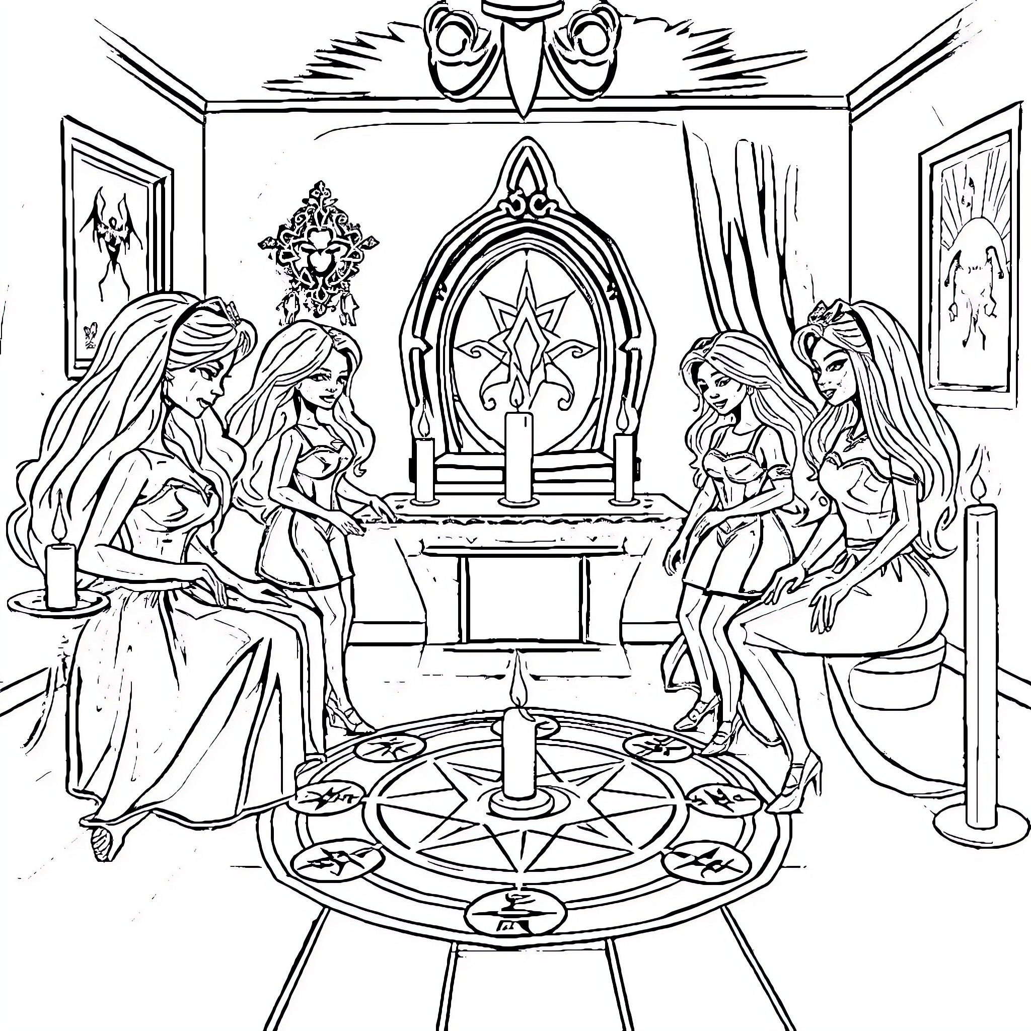 Barbie's Mystical Gathering in a Magical Setting Coloring Page (free black-and-white line drawing printable PDF for all, from beginners to advanced learners, including children, teens, adults, and seniors)