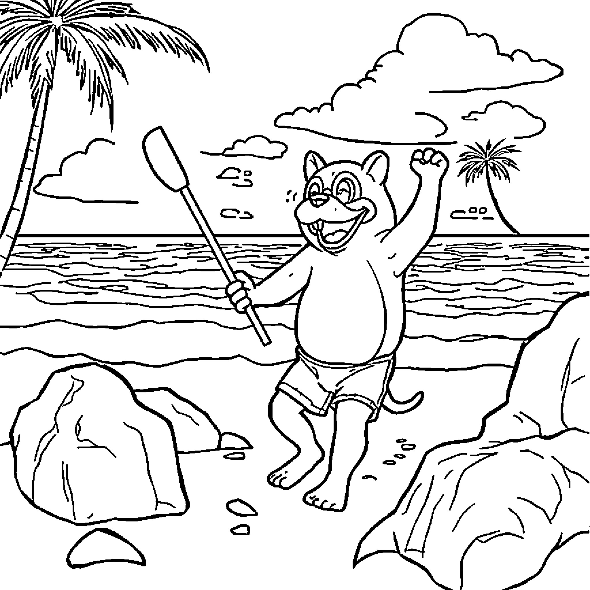Puca the Playful Cat on the Beach Coloring Page (free black-and-white line drawing printable PDF for all, from beginners to advanced learners, including children, teens, adults, and seniors)