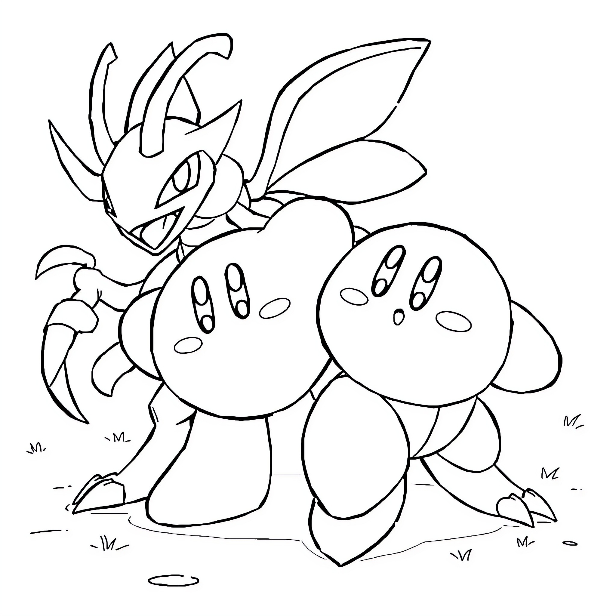 Kirby and friends in a playful adventure Coloring Page (free black-and-white line drawing printable PDF for all, from beginners to advanced learners, including children, teens, adults, and seniors)