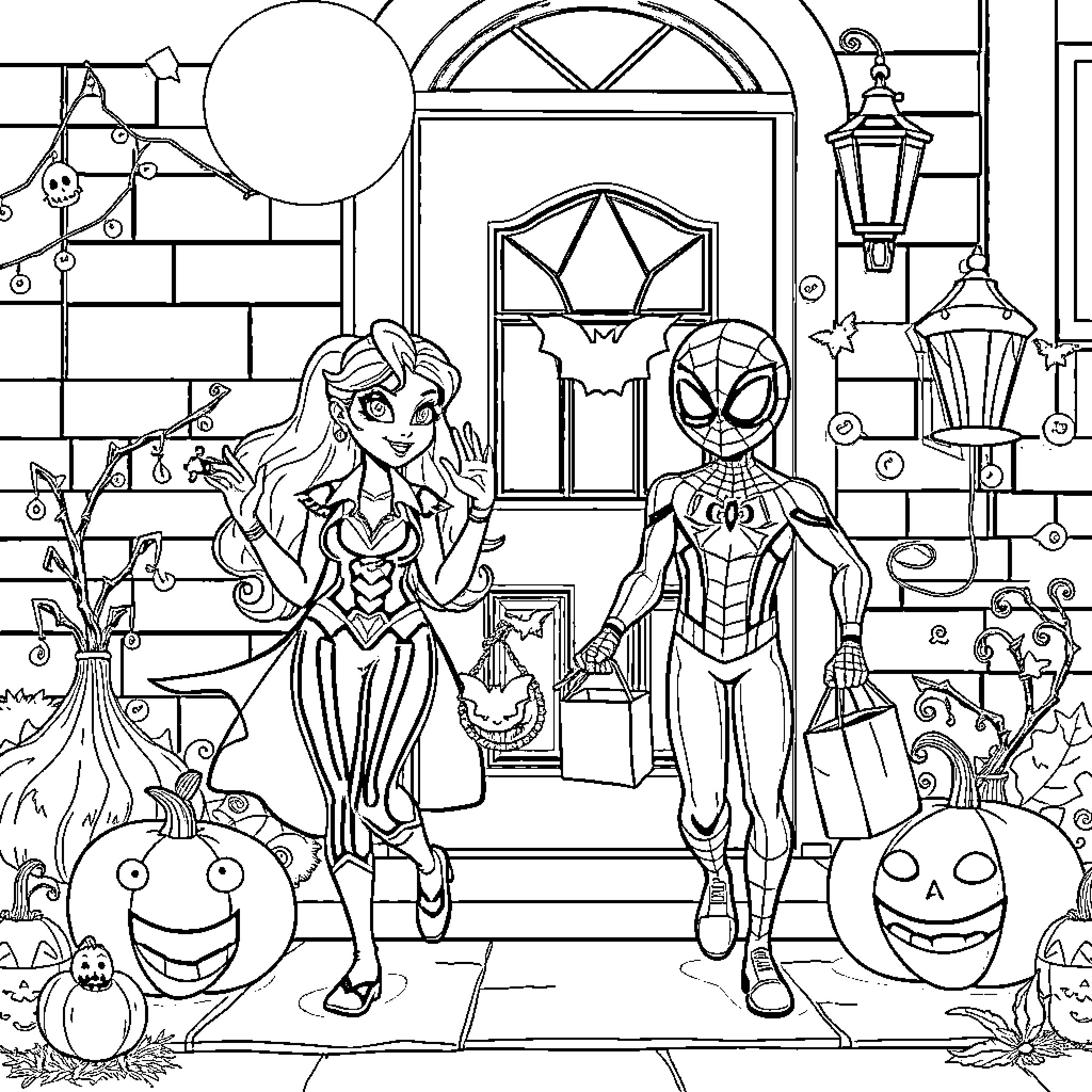 Draculaura and Spider-Man in Halloween Scene Coloring Page (free black-and-white line drawing printable PDF for all, from beginners to advanced learners, including children, teens, adults, and seniors)