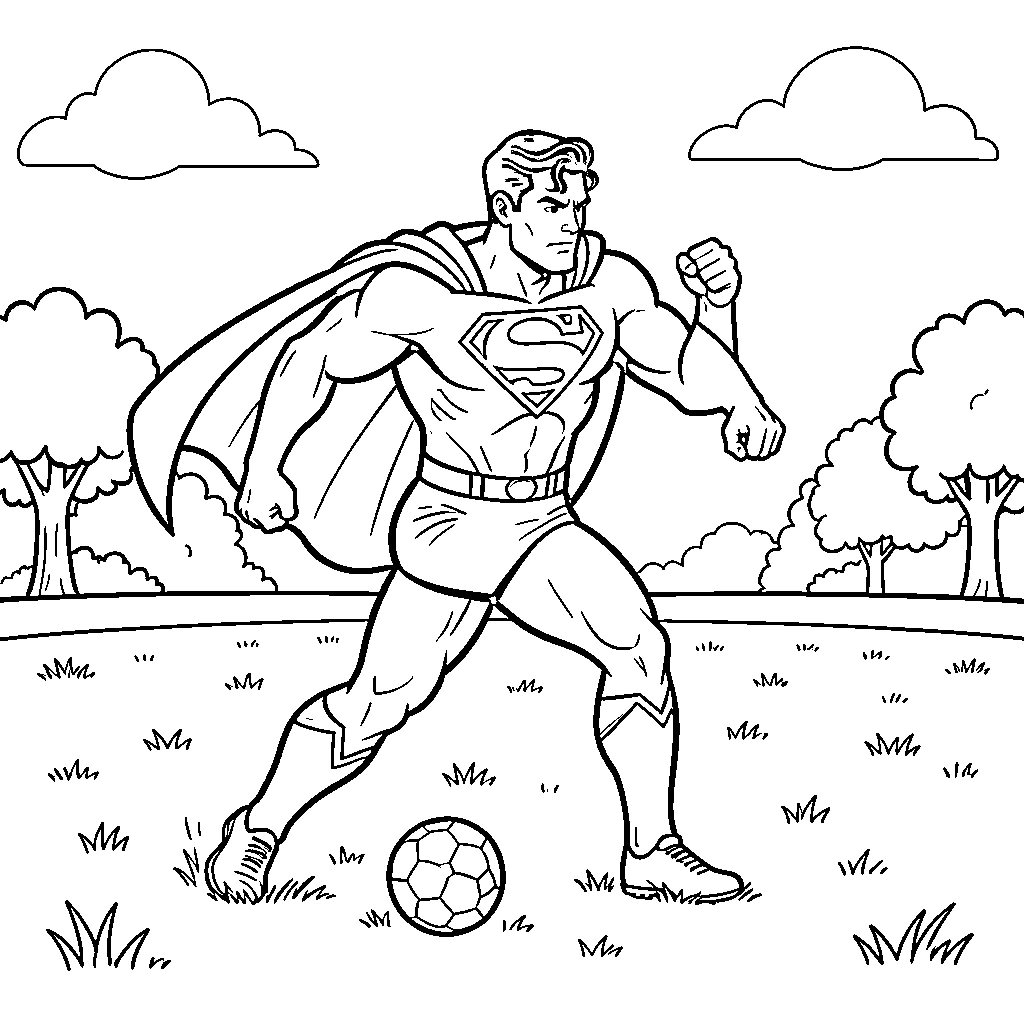 Superman playing soccer in a grassy park Coloring Page (free black-and-white line drawing printable PDF for all, from beginners to advanced learners, including children, teens, adults, and seniors)