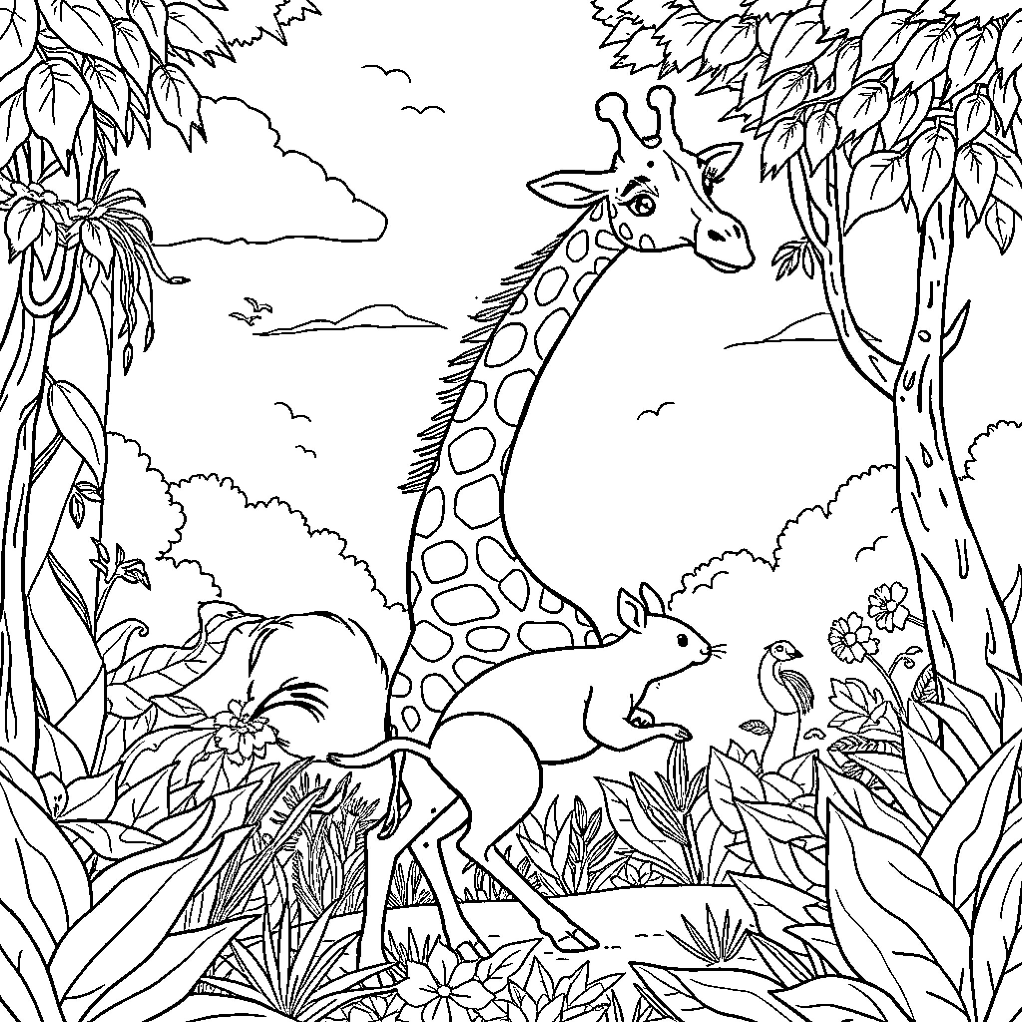 Giraffe exploring lush jungle scenery Coloring Page (free black-and-white line drawing printable PDF for all, from beginners to advanced learners, including children, teens, adults, and seniors)