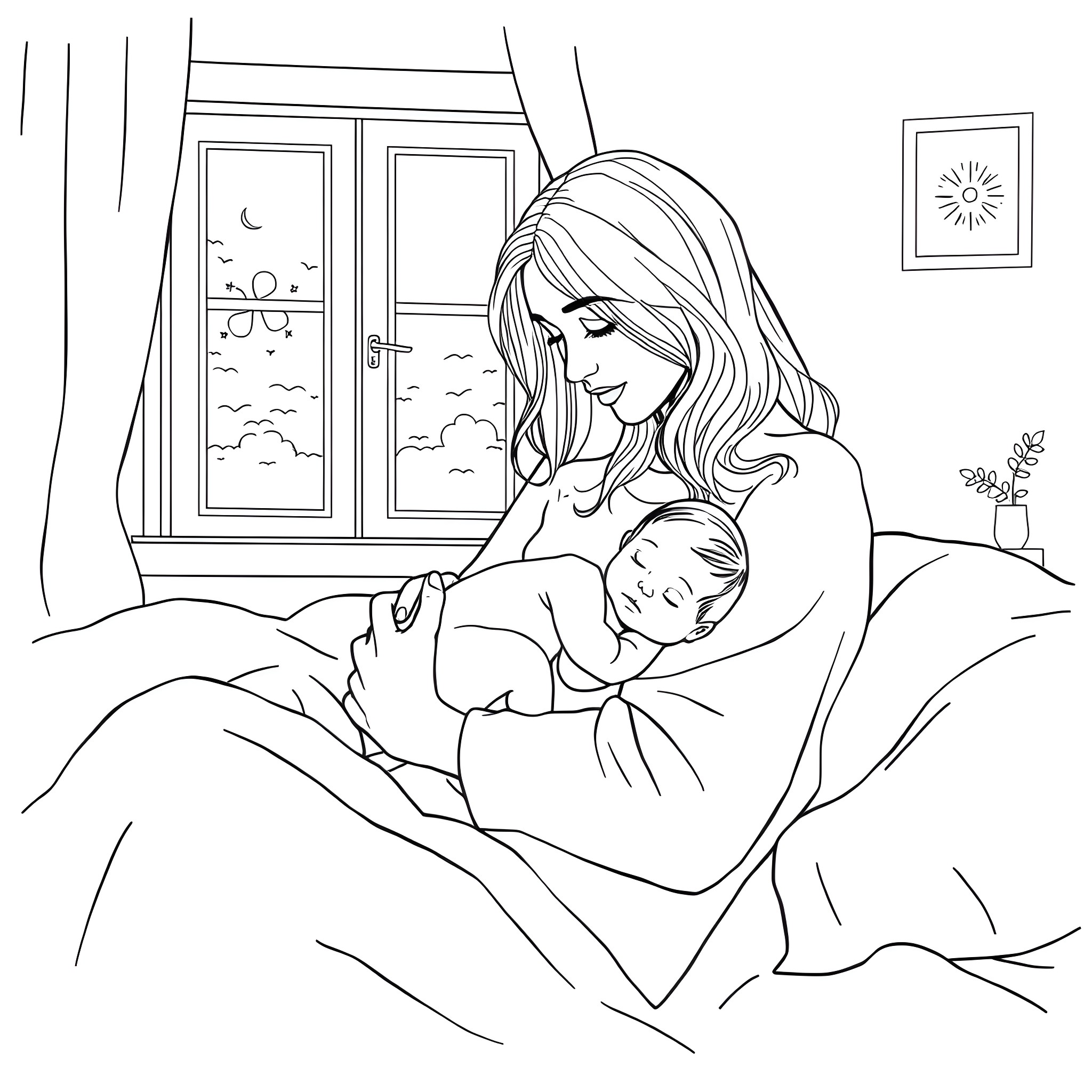Mother and Child Resting in Peaceful Bedroom Coloring Page (free black-and-white line drawing printable PDF for all, from beginners to advanced learners, including children, teens, adults, and seniors)