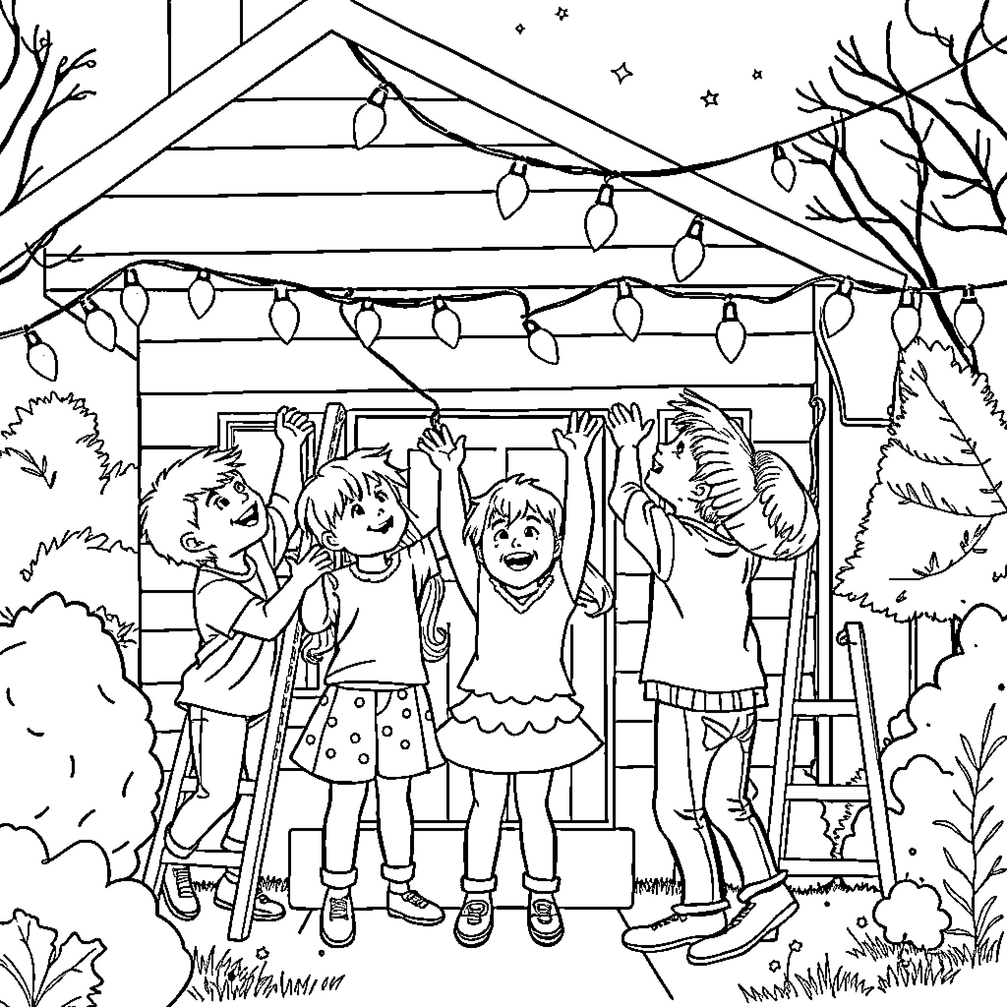 Kid decorating house for holidays with friends Coloring Page (free black-and-white line drawing printable PDF for all, from beginners to advanced learners, including children, teens, adults, and seniors)
