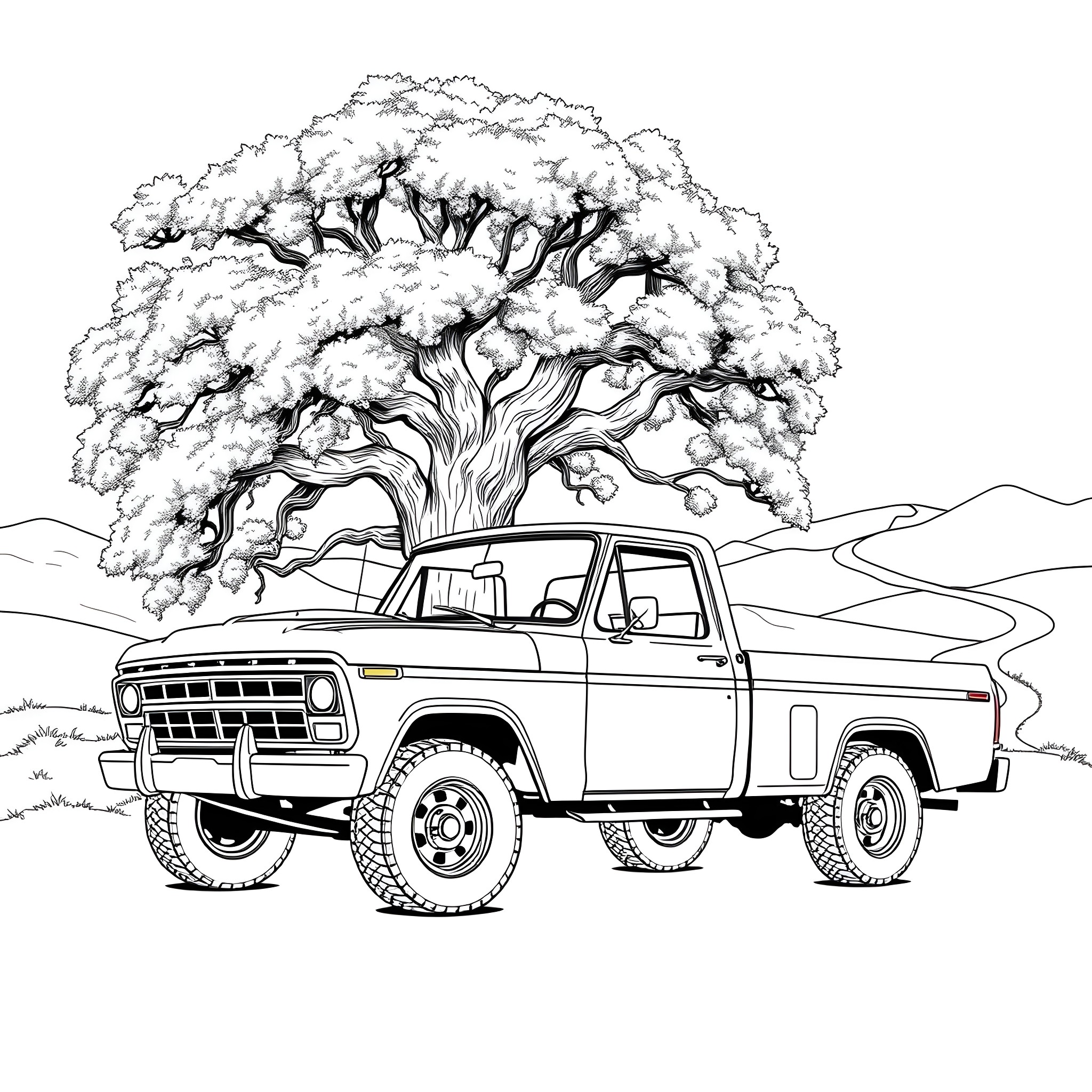 Truck with Tree in Rural Landscape Coloring Page (free black-and-white line drawing printable PDF for all, from beginners to advanced learners, including children, teens, adults, and seniors)