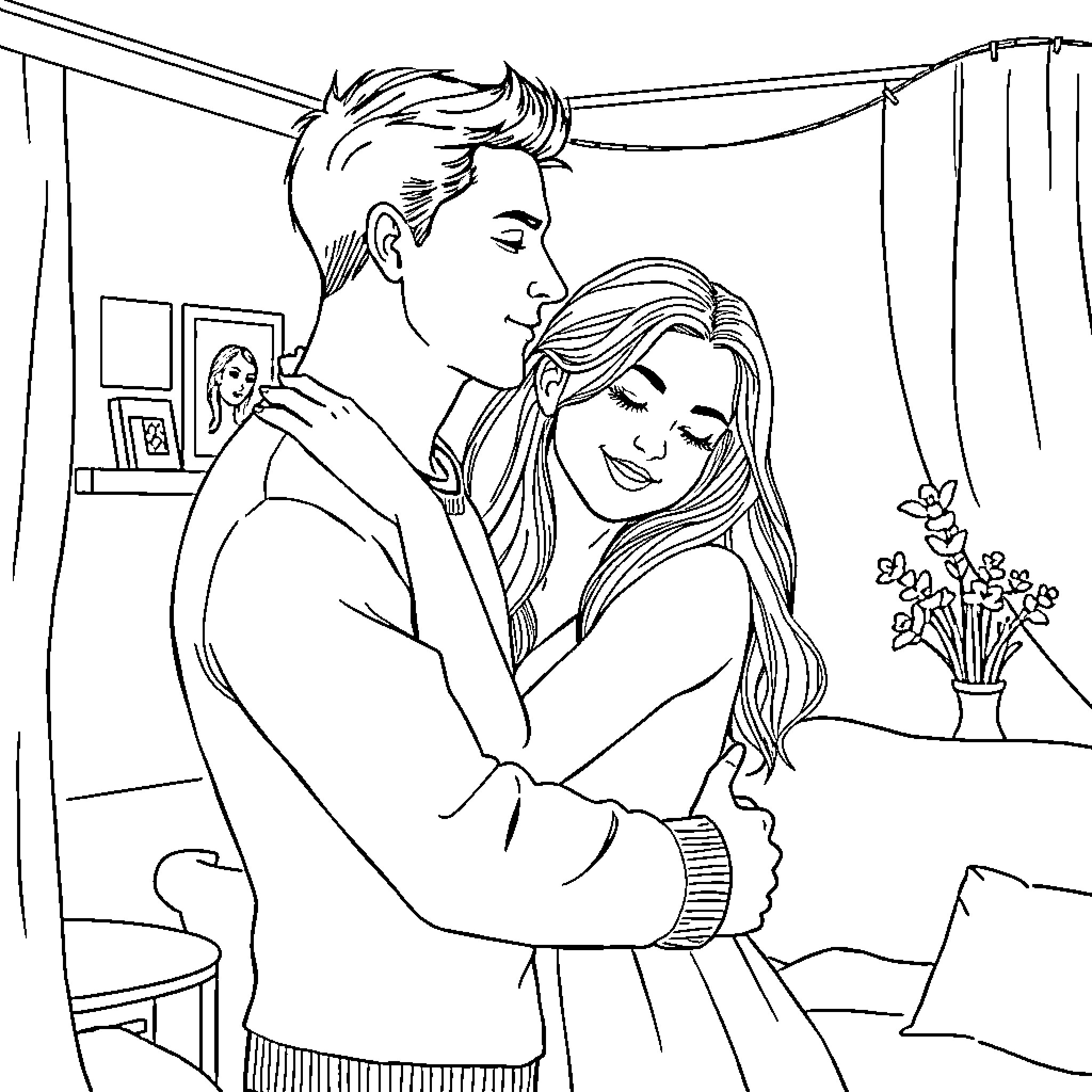 Couple in a Warm Embrace Coloring Page (free black-and-white line drawing printable PDF for all, from beginners to advanced learners, including children, teens, adults, and seniors)