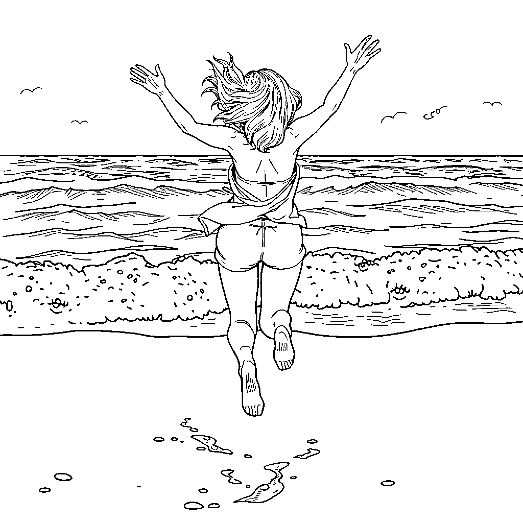 Woman embracing the ocean with joy and freedom Coloring Page (free black-and-white line drawing printable PDF for all, from beginners to advanced learners, including children, teens, adults, and seniors)