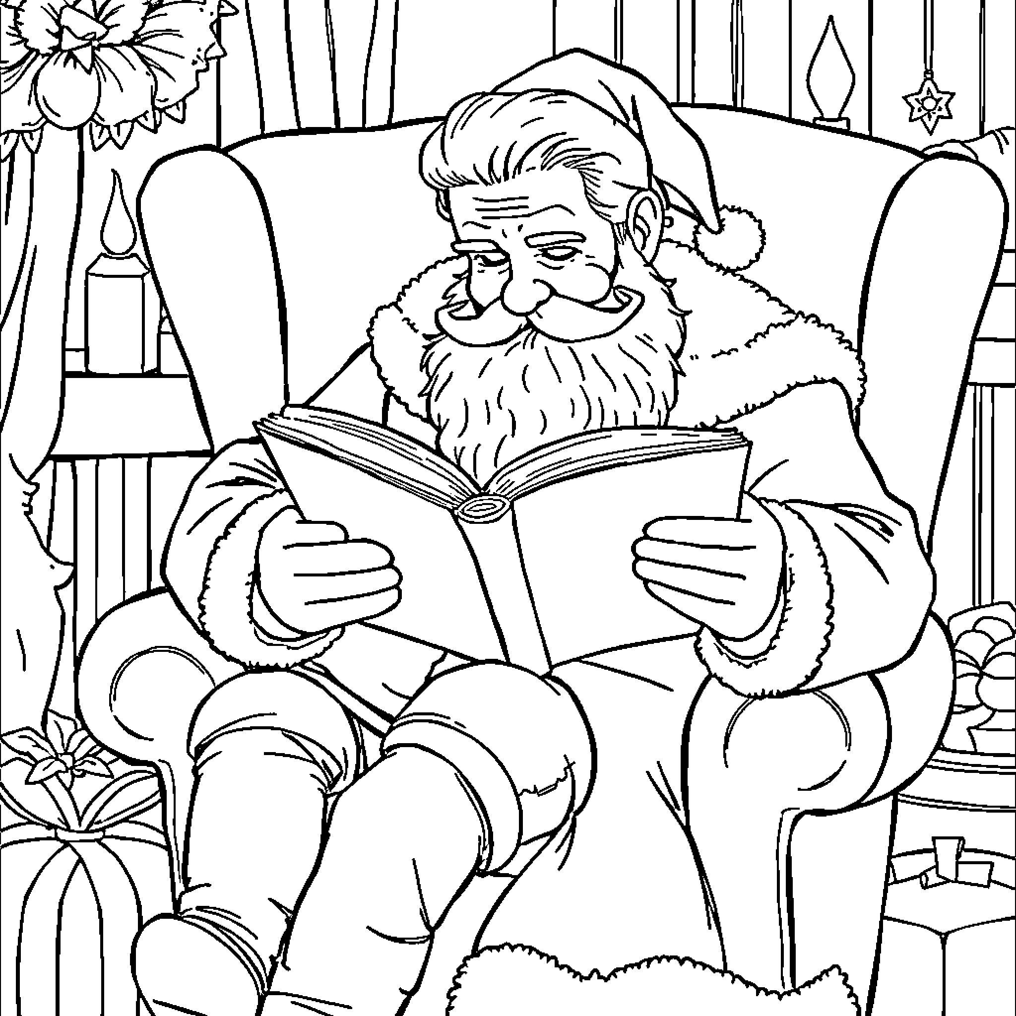 Nikolaus reading a book by the fireplace Coloring Page (free black-and-white line drawing printable PDF for all, from beginners to advanced learners, including children, teens, adults, and seniors)