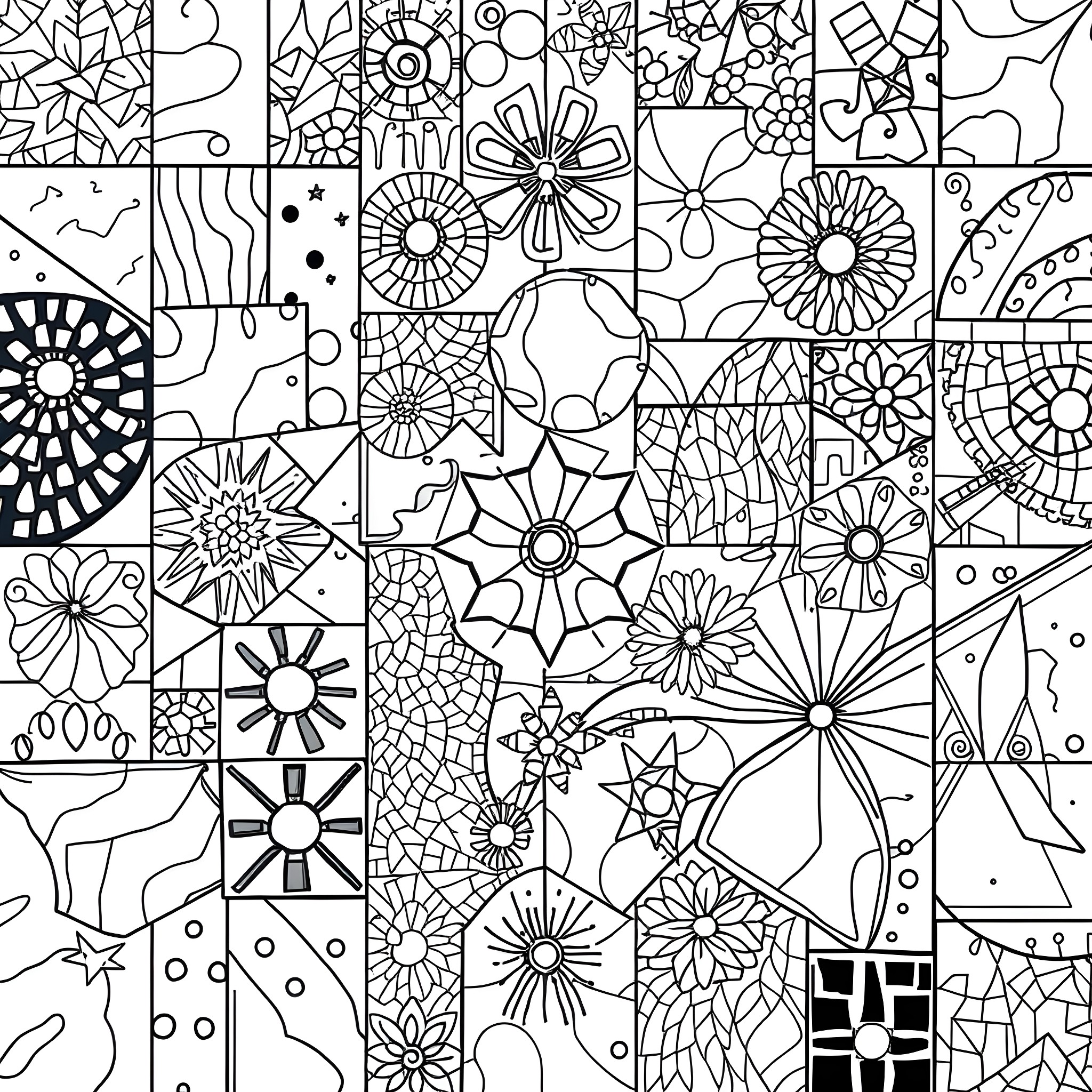 Patchwork of Abstract Floral Designs Coloring Page (free black-and-white line drawing printable PDF for all, from beginners to advanced learners, including children, teens, adults, and seniors)