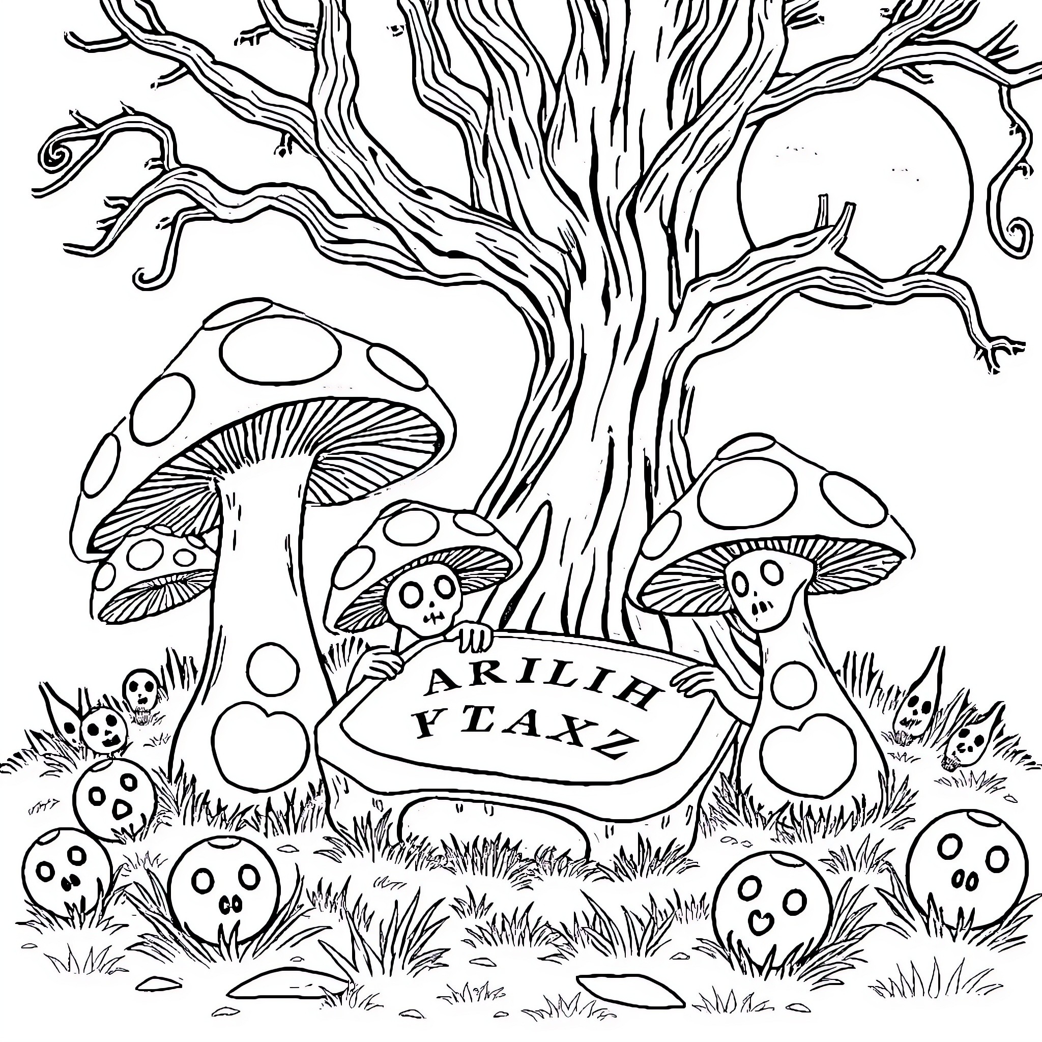 Mushroom creatures in a mysterious forest Coloring Page (free black-and-white line drawing printable PDF for all, from beginners to advanced learners, including children, teens, adults, and seniors)