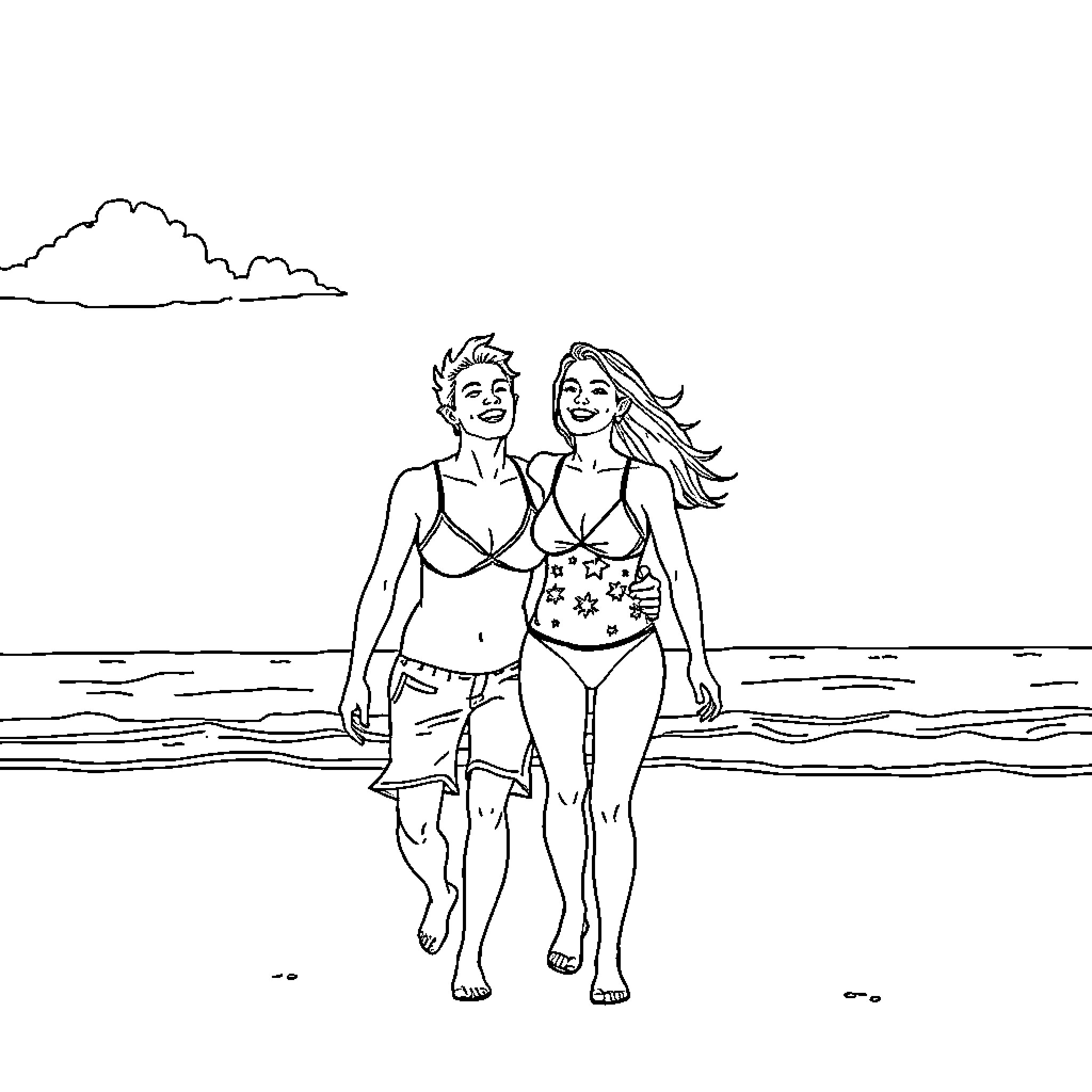 Beach-goers enjoying sunny day by the shore Coloring Page (free black-and-white line drawing printable PDF for all, from beginners to advanced learners, including children, teens, adults, and seniors)