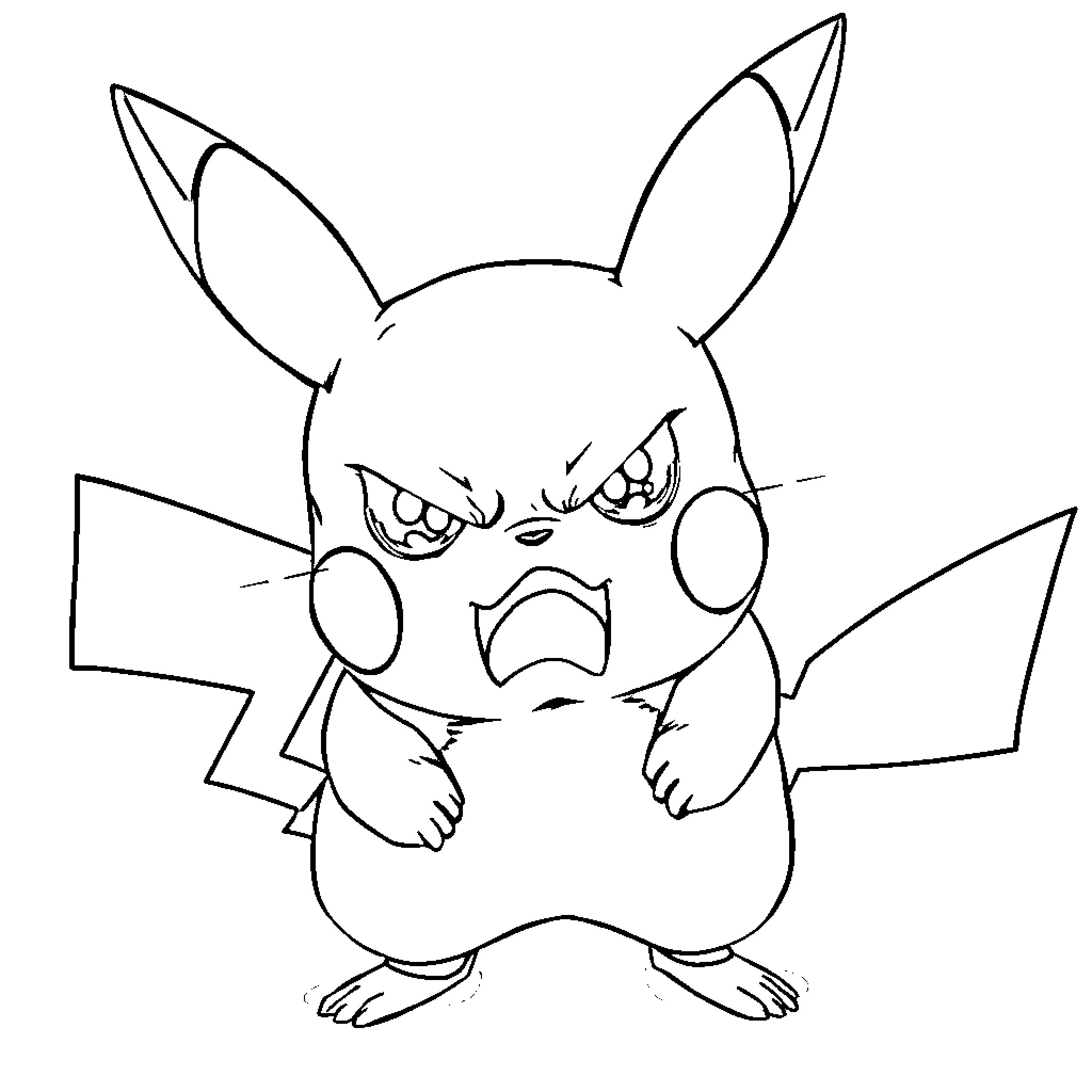 Pikachu expressing anger and frustration Coloring Page (free black-and-white line drawing printable PDF for all, from beginners to advanced learners, including children, teens, adults, and seniors)