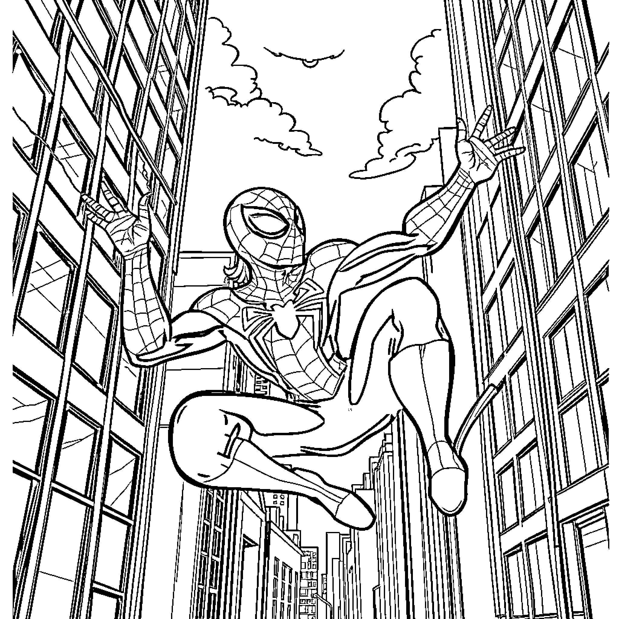 Spider-Man swinging through the city Coloring Page (free black-and-white line drawing printable PDF for all, from beginners to advanced learners, including children, teens, adults, and seniors)