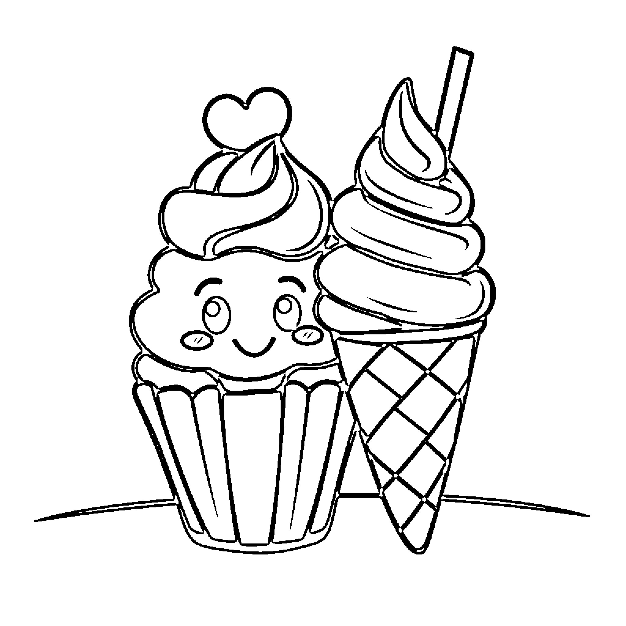 Cupcake and Ice Cream Cone Enjoying Themselves Coloring Page (free black-and-white line drawing printable PDF for all, from beginners to advanced learners, including children, teens, adults, and seniors)