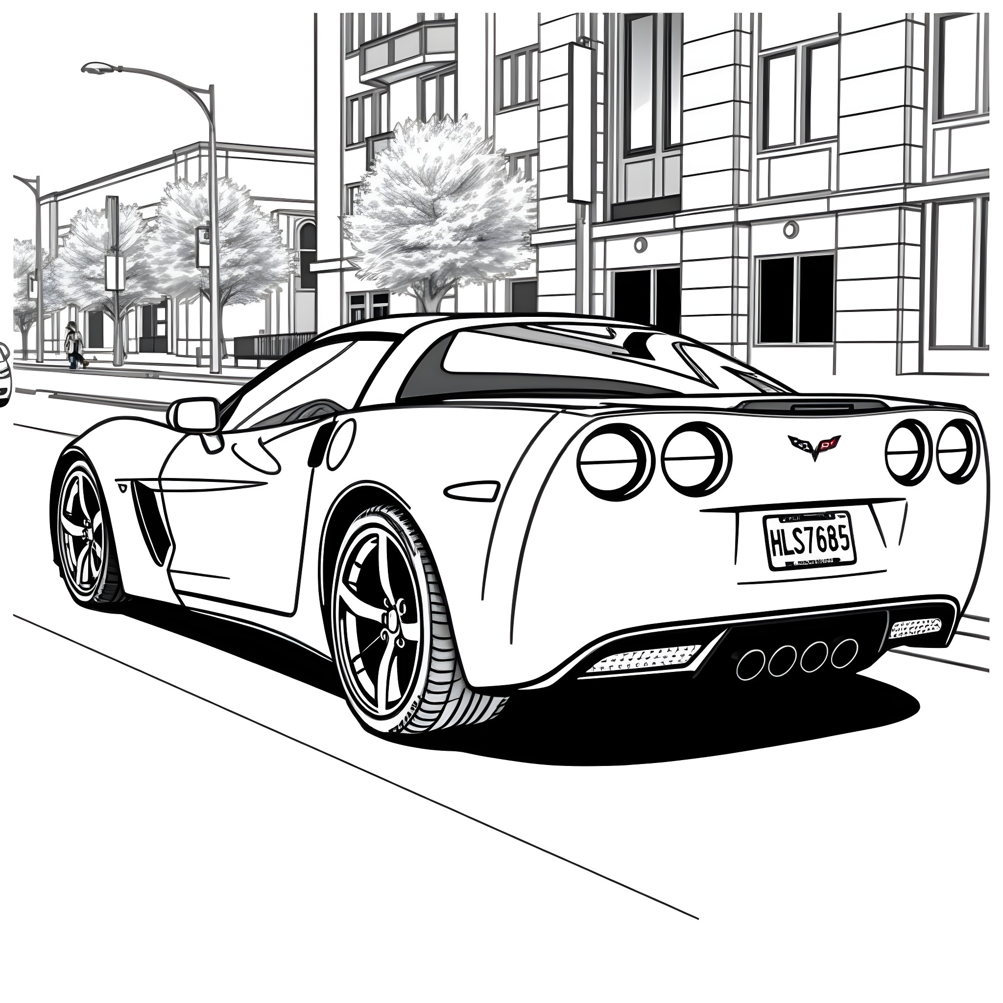 Corvette speeding through the city streets Coloring Page (free black-and-white line drawing printable PDF for all, from beginners to advanced learners, including children, teens, adults, and seniors)