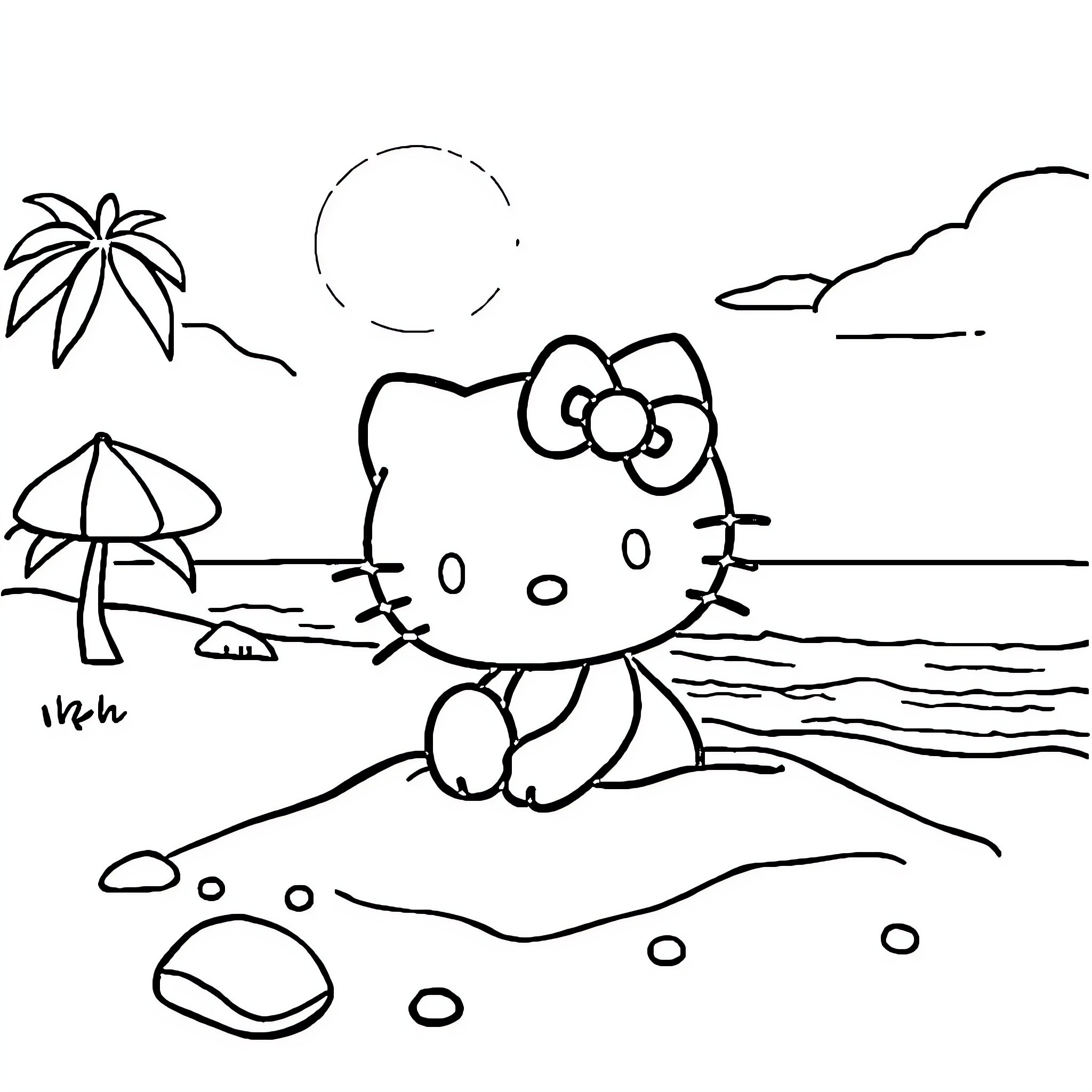 Hello Kitty playing on the beach Coloring Page (free black-and-white line drawing printable PDF for all, from beginners to advanced learners, including children, teens, adults, and seniors)