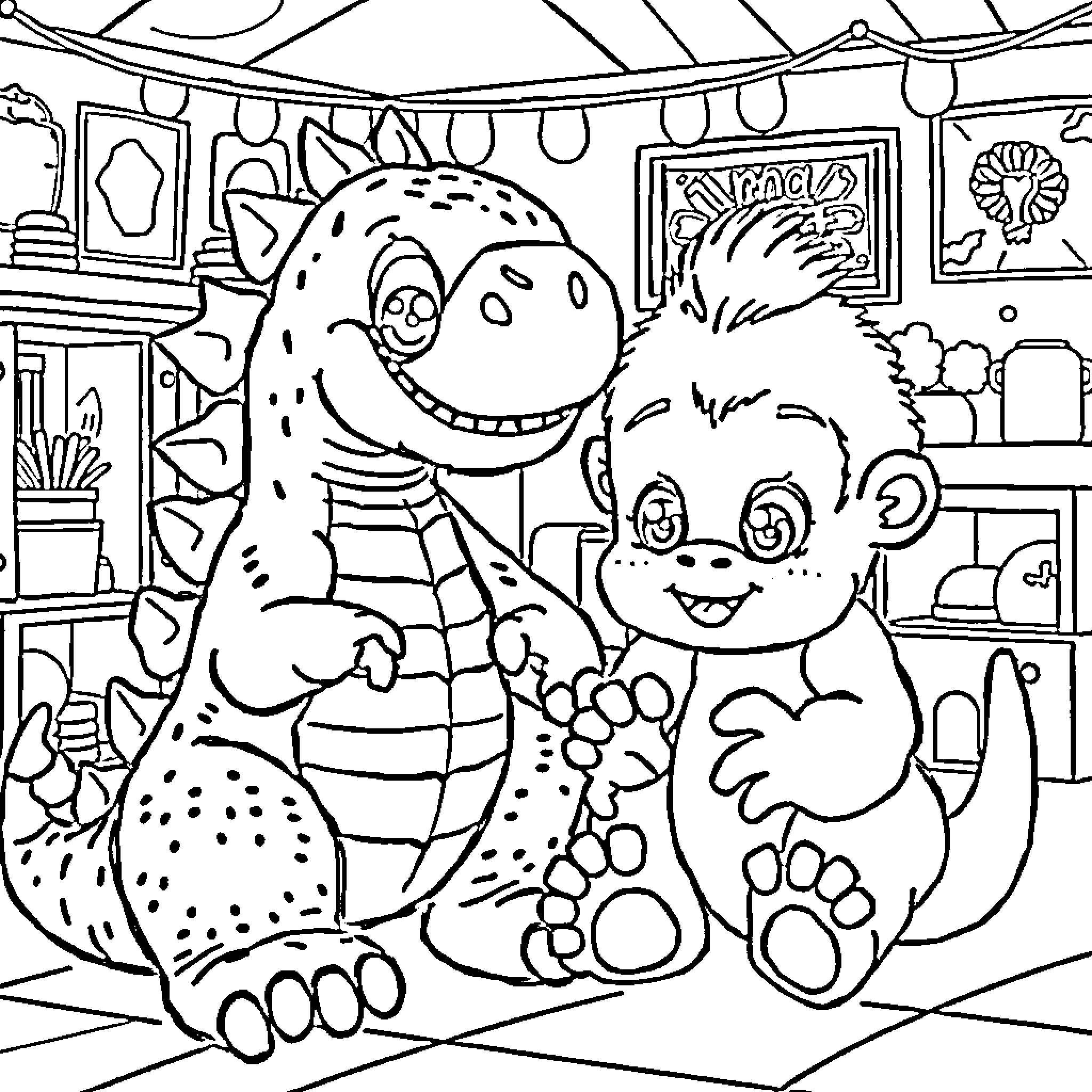 Godzilla and furry friends explore a cozy dwelling Coloring Page (free black-and-white line drawing printable PDF for all, from beginners to advanced learners, including children, teens, adults, and seniors)